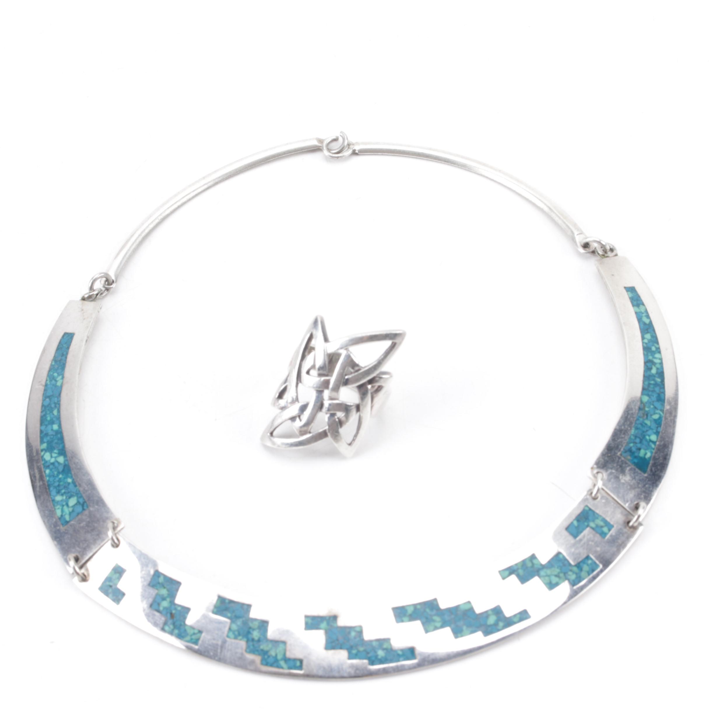 Sterling Silver Necklace and Bracelet Set with Ring