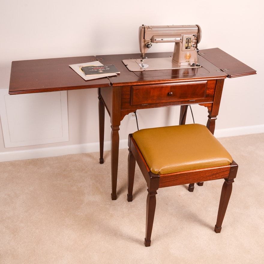 1950s Singer 301 Sewing Machine With Cabinet, Stool and Accessories