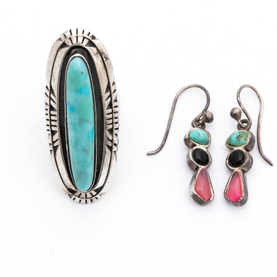 Sterling Silver Imitation Turquoise Ring and Multi-Stone Earrings