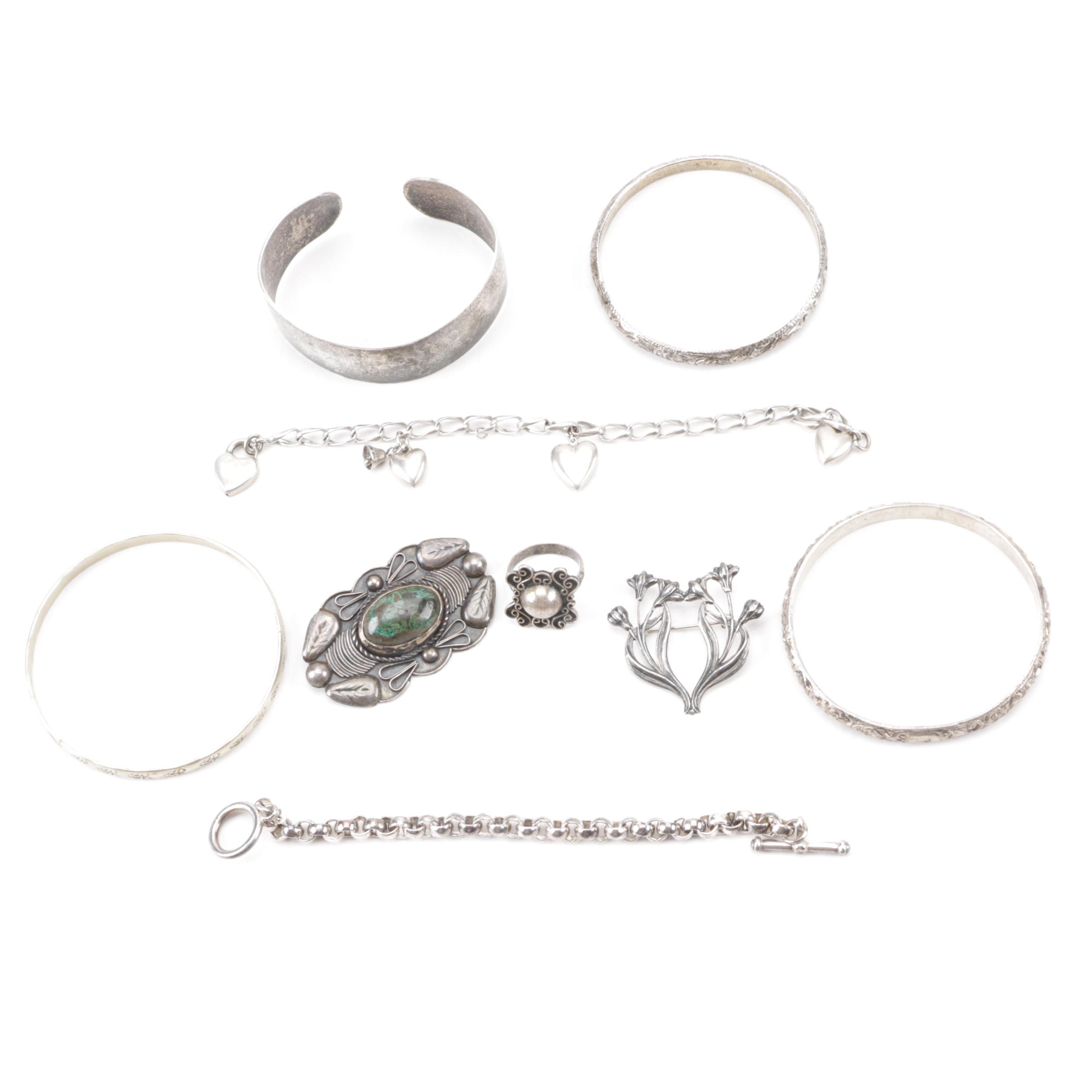 Sterling and Coin Silver Jewelry Including Mexican Brooch and Kirk & Son Cuff