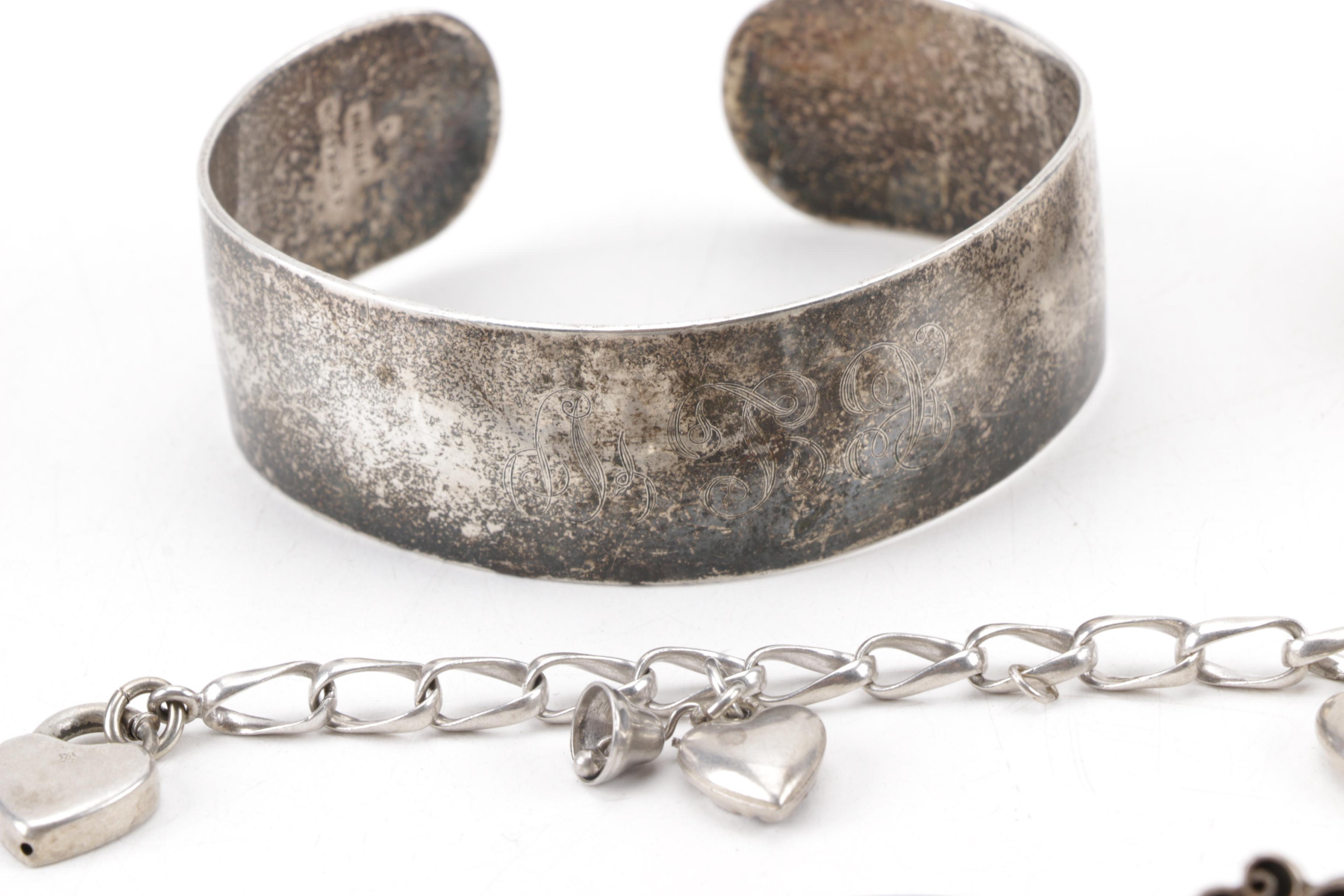 Sterling and Coin Silver Jewelry Including Mexican Brooch and Kirk & Son Cuff