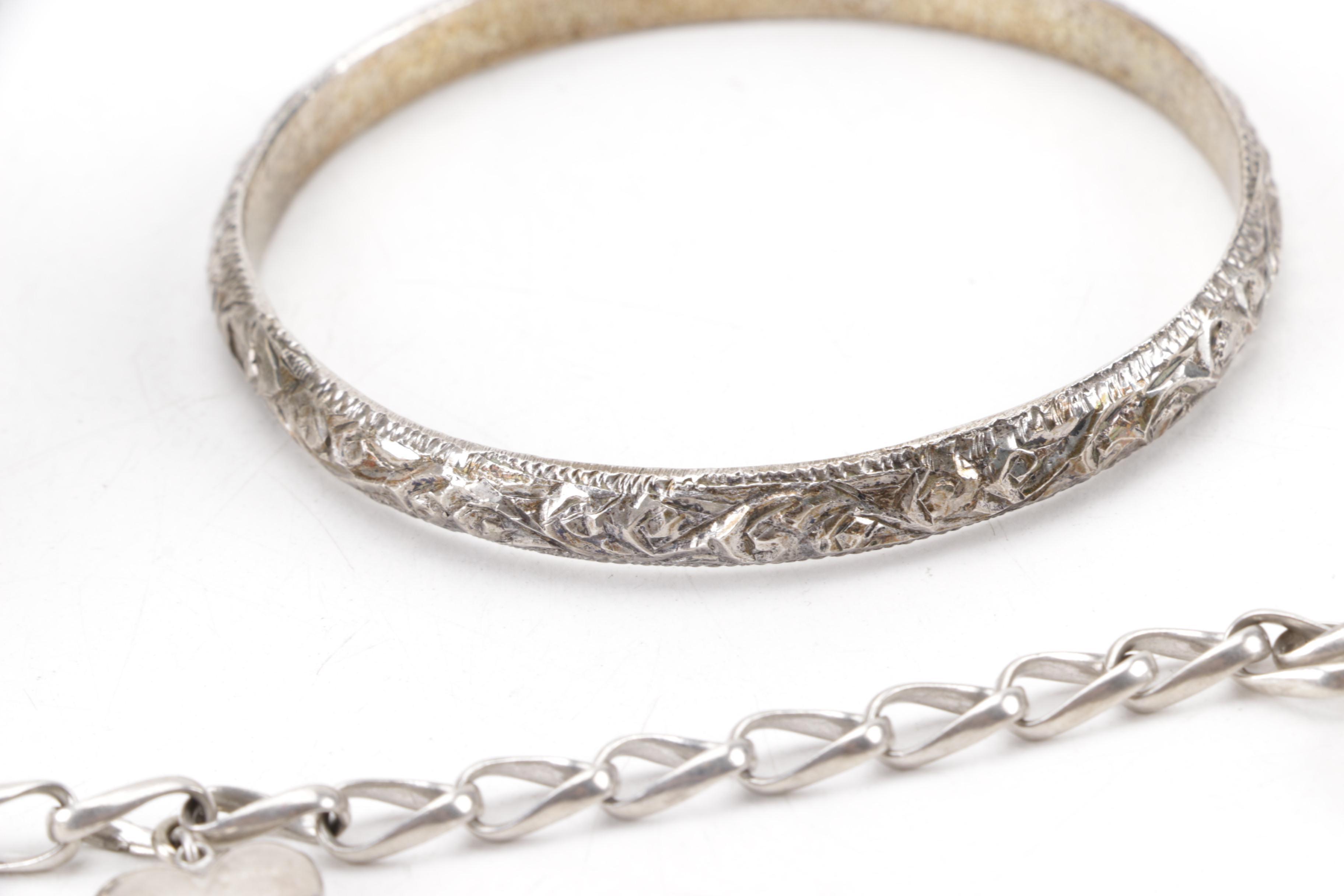 Sterling and Coin Silver Jewelry Including Mexican Brooch and Kirk & Son Cuff