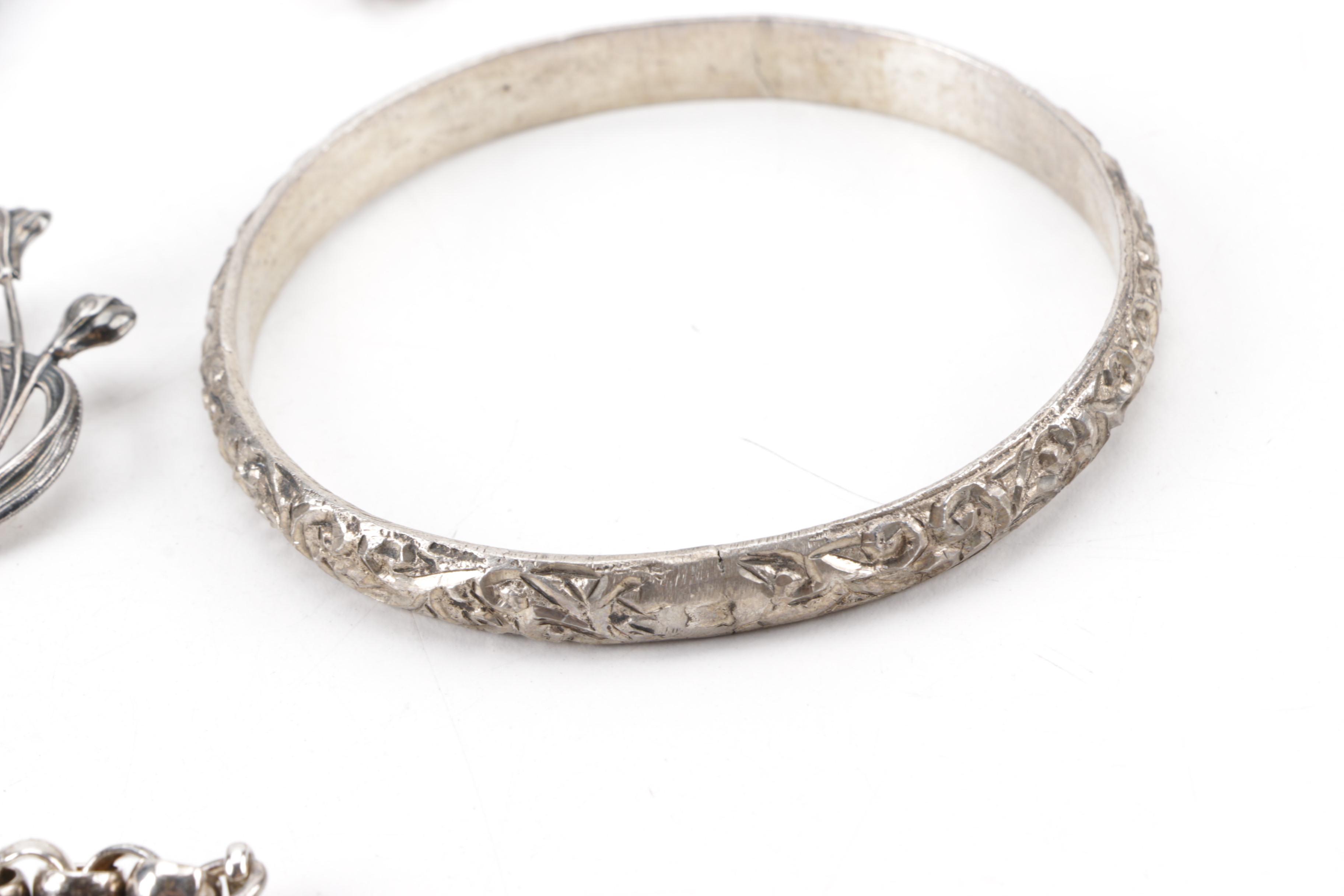 Sterling and Coin Silver Jewelry Including Mexican Brooch and Kirk & Son Cuff