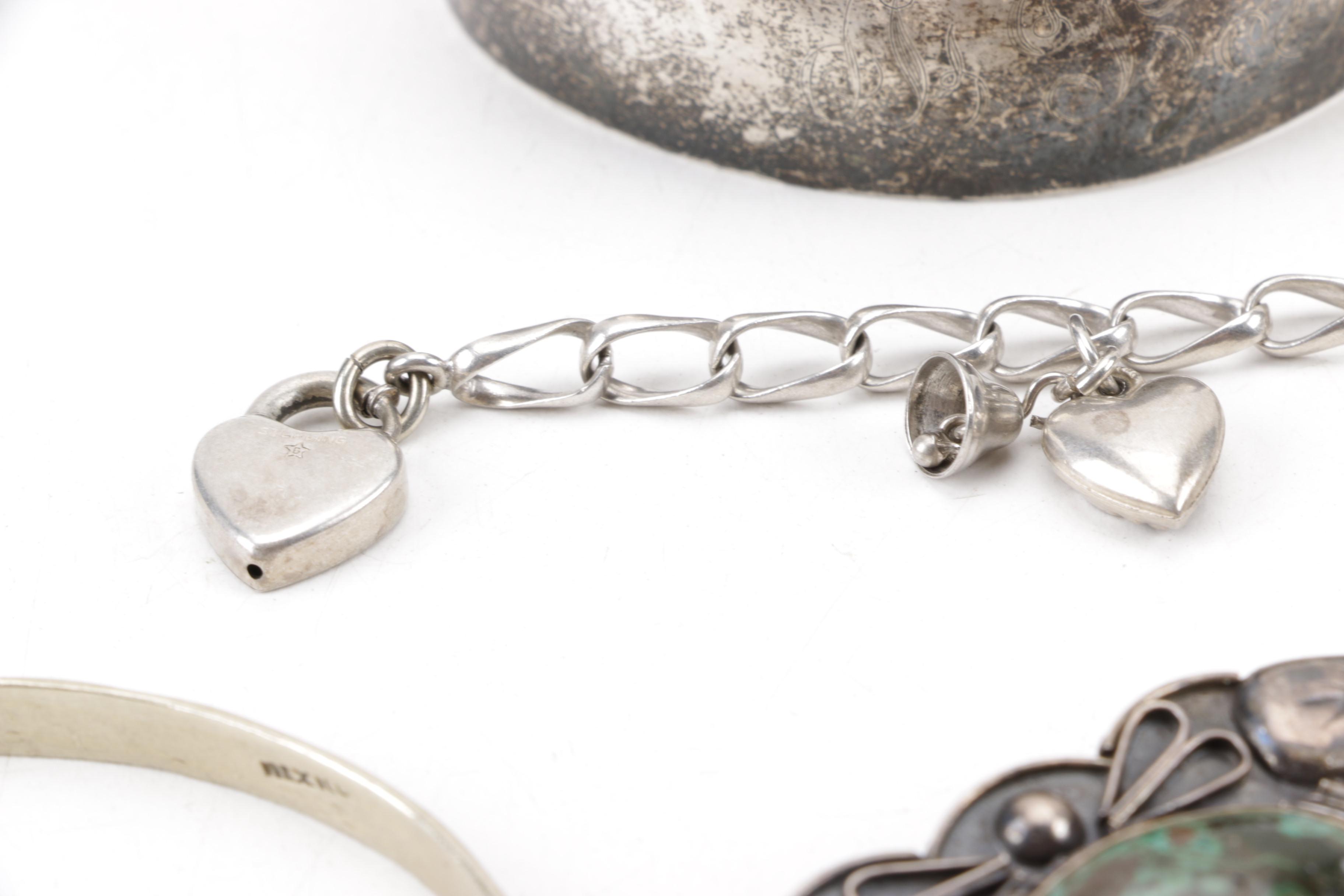 Sterling and Coin Silver Jewelry Including Mexican Brooch and Kirk & Son Cuff