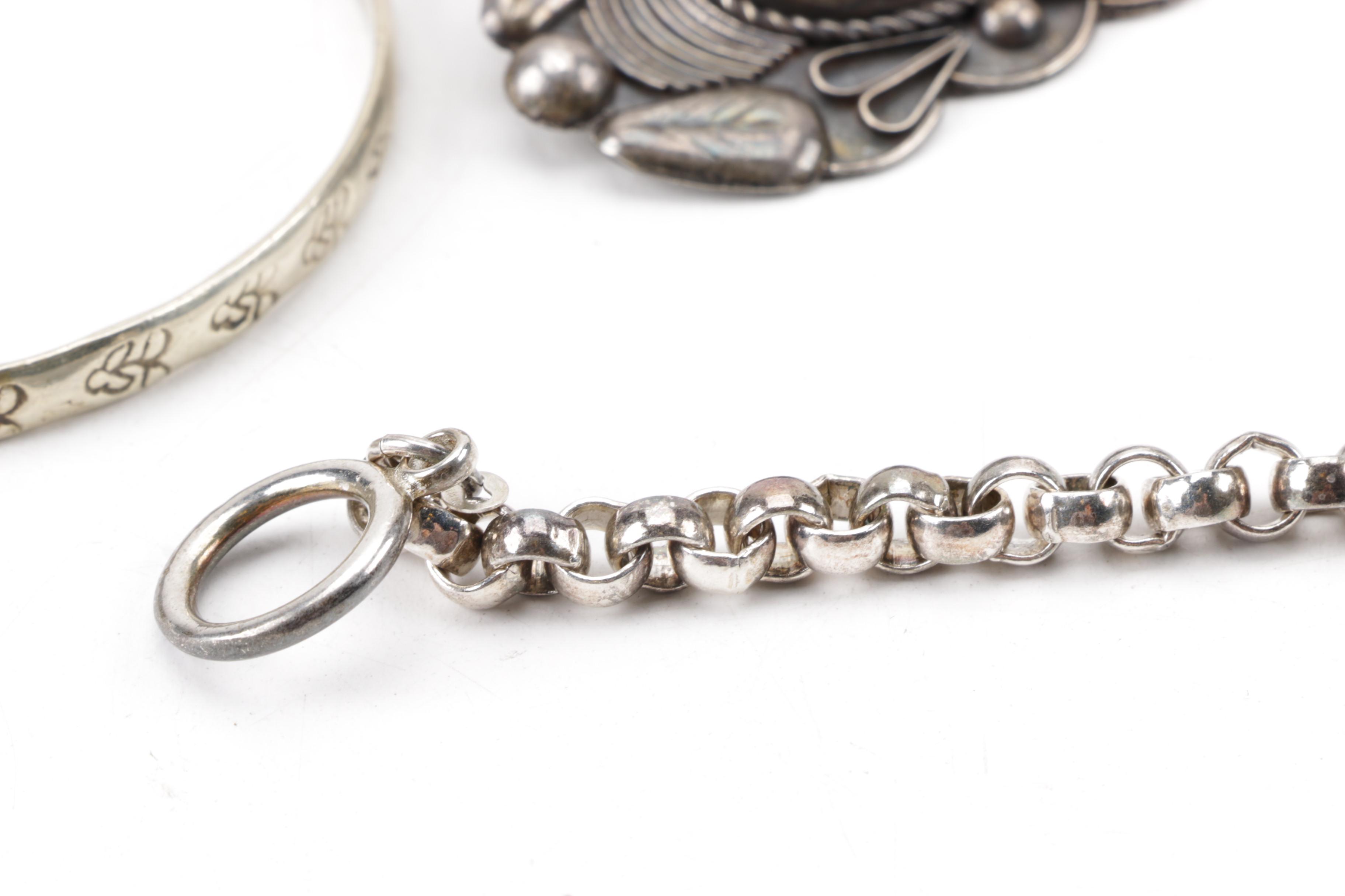 Sterling and Coin Silver Jewelry Including Mexican Brooch and Kirk & Son Cuff