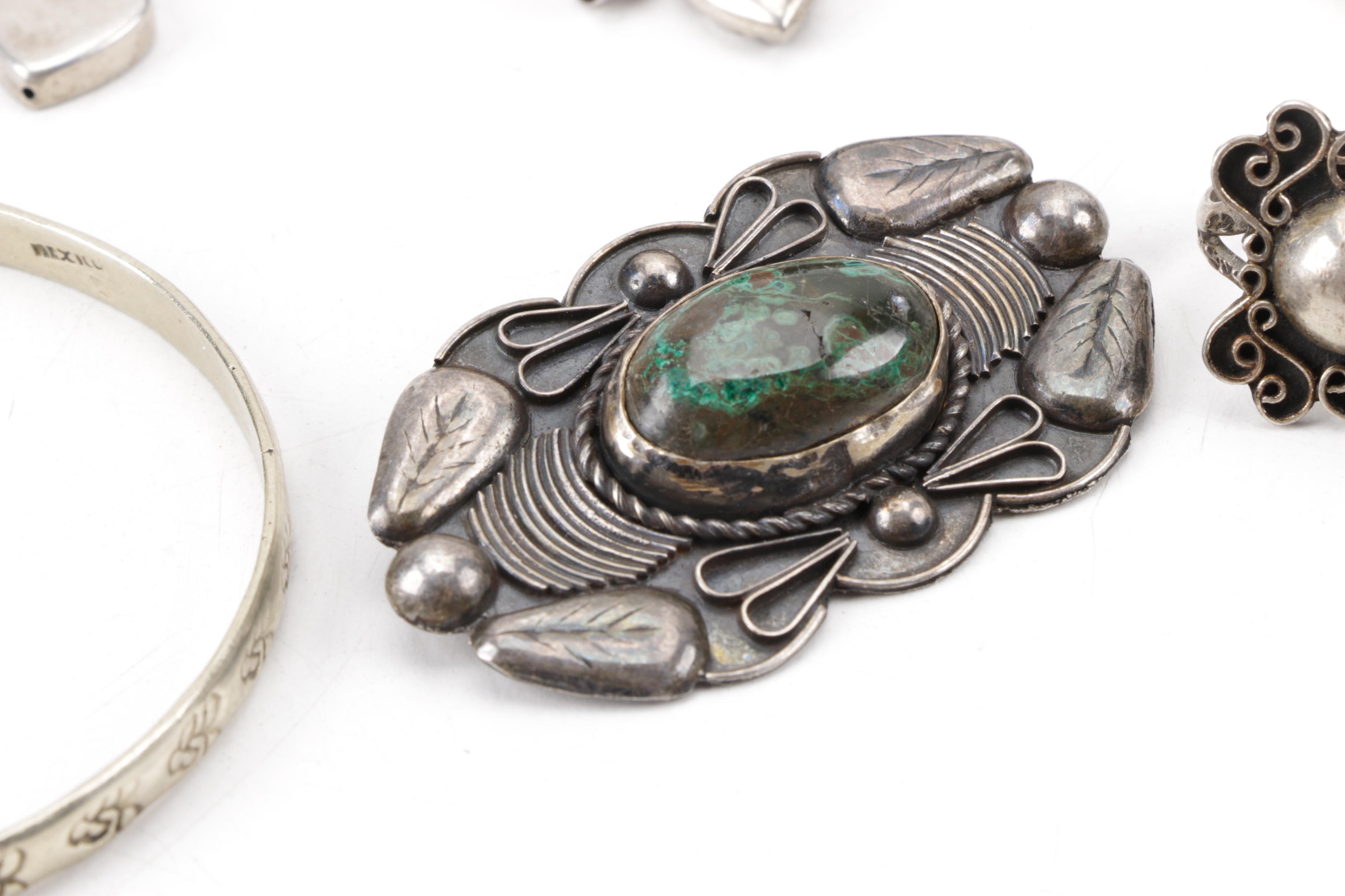 Sterling and Coin Silver Jewelry Including Mexican Brooch and Kirk & Son Cuff