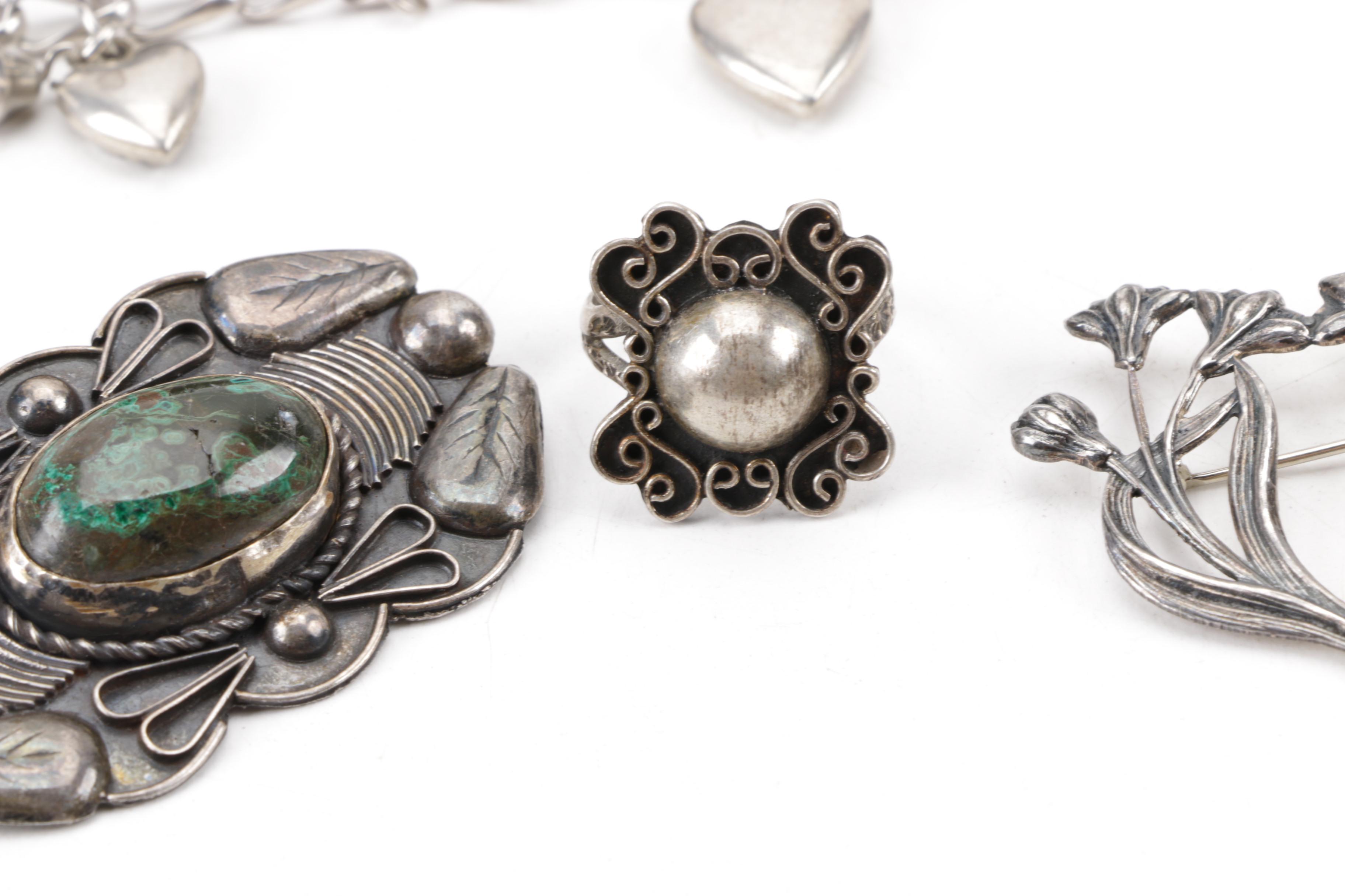 Sterling and Coin Silver Jewelry Including Mexican Brooch and Kirk & Son Cuff