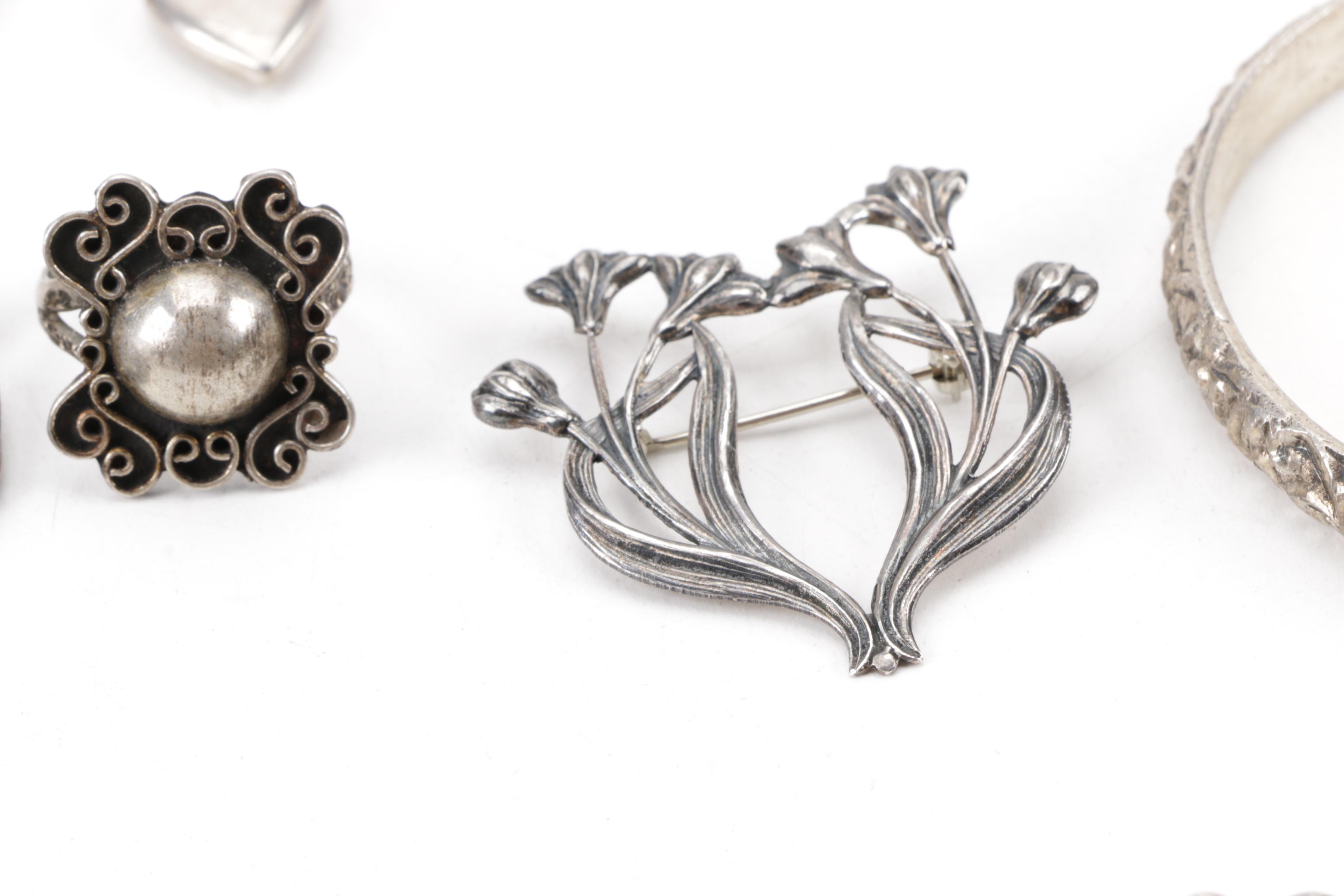 Sterling and Coin Silver Jewelry Including Mexican Brooch and Kirk & Son Cuff