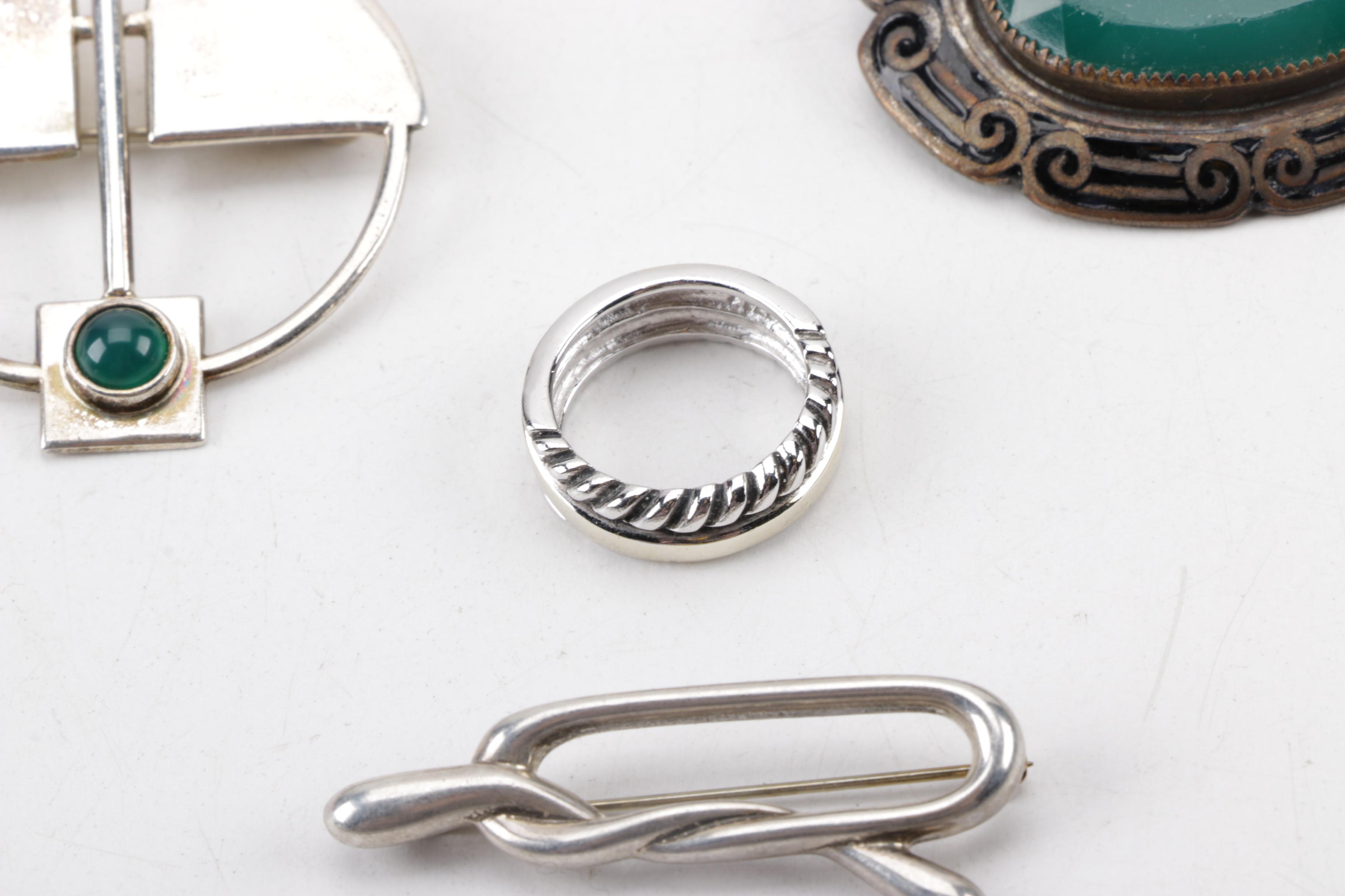 Sterling Modernist Style Sterling Penannular Brooch, Mexican Cuff and More