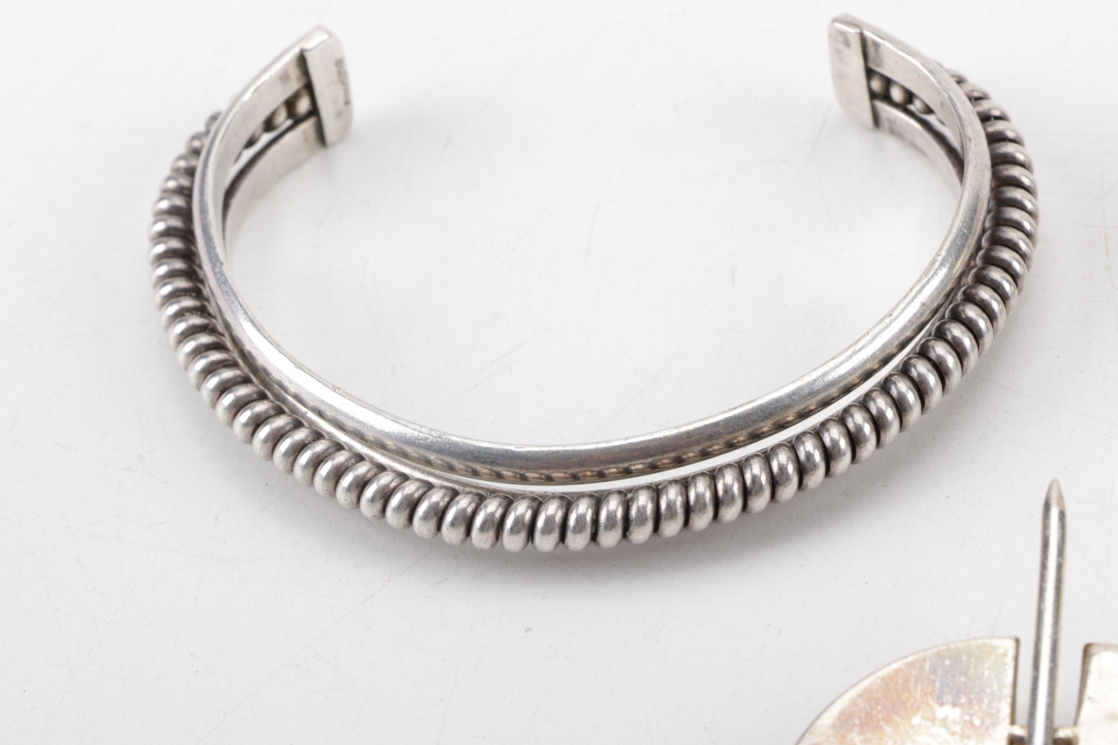 Sterling Modernist Style Sterling Penannular Brooch, Mexican Cuff and More