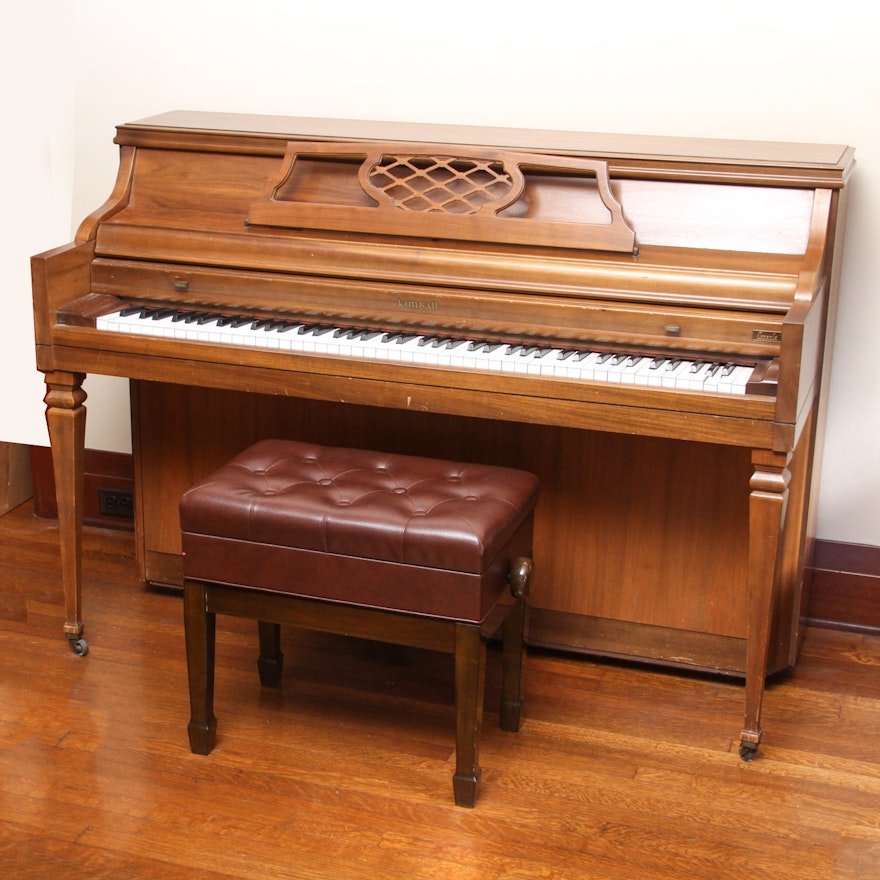 Kimball Console Piano and Bench With Sheet Music