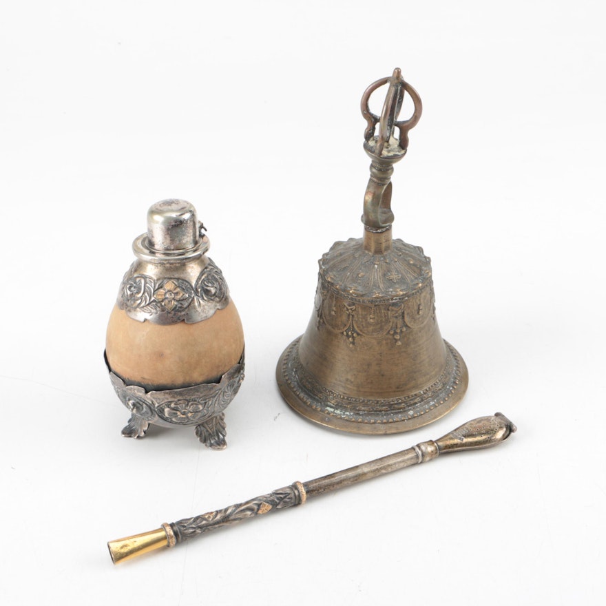 Argentinian Mate Gourd and 800 Silver Bombilla with a Brass Bell