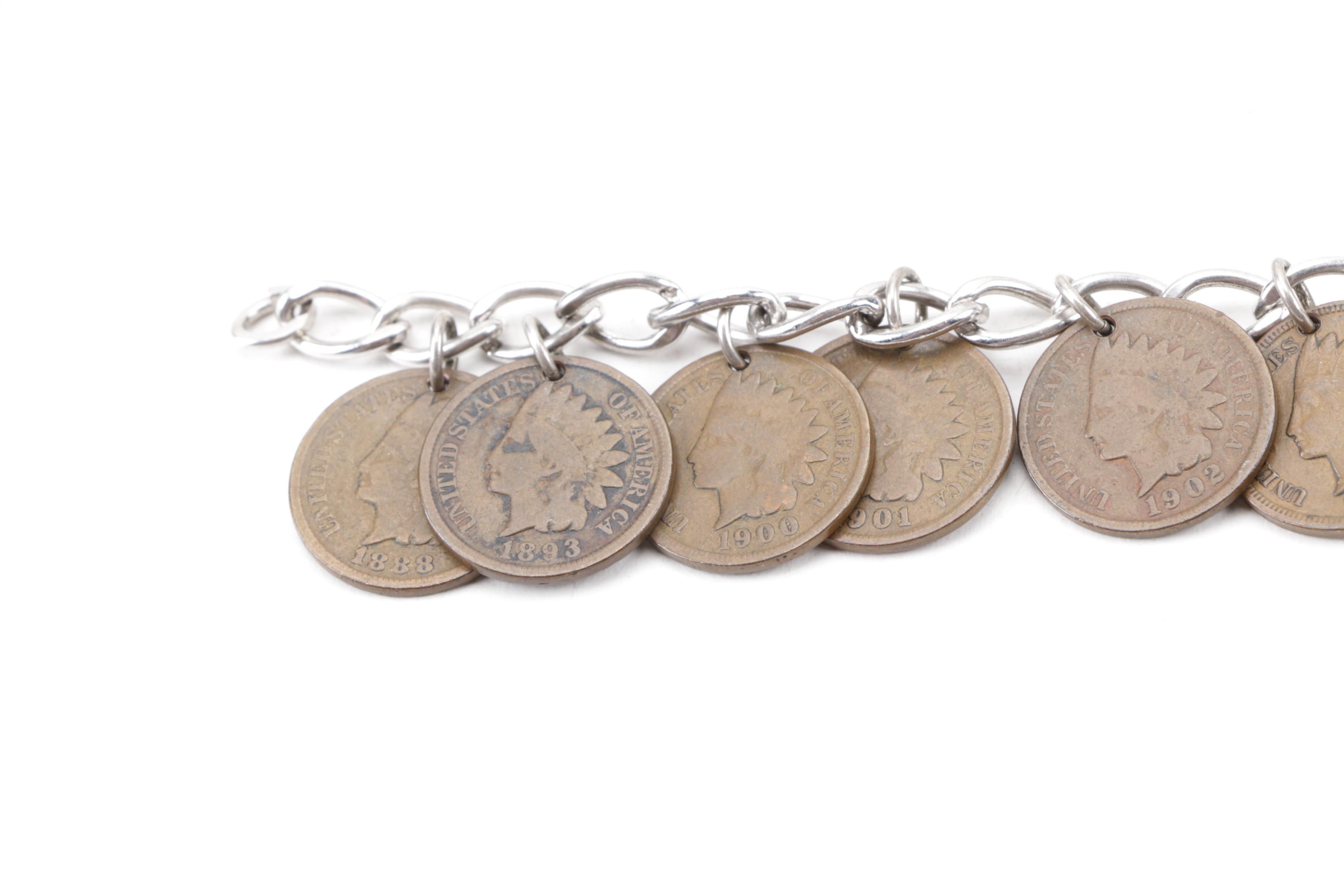 Sterling Silver Jewelry with Indian Head Cent Charm Bracelet