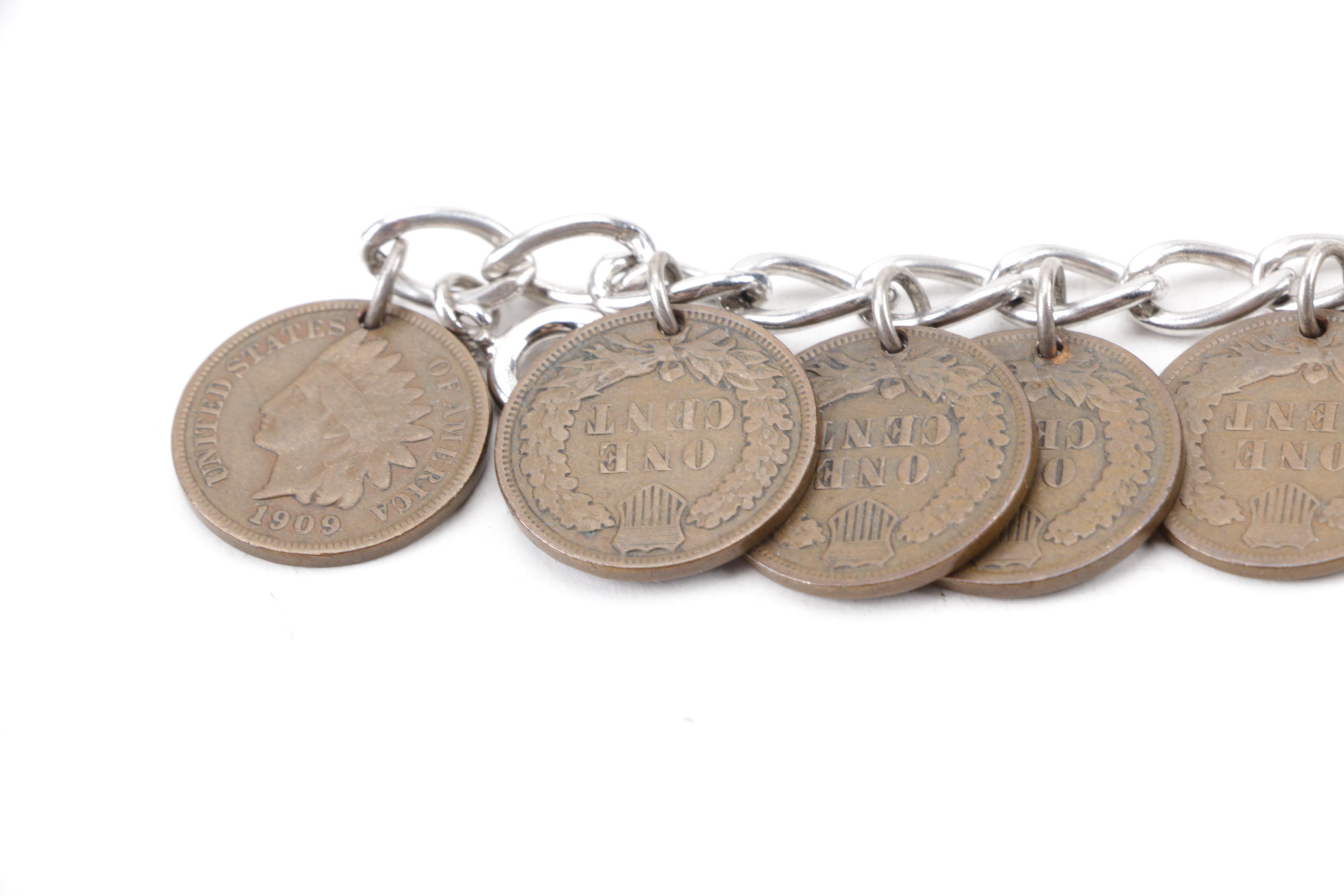 Sterling Silver Jewelry with Indian Head Cent Charm Bracelet