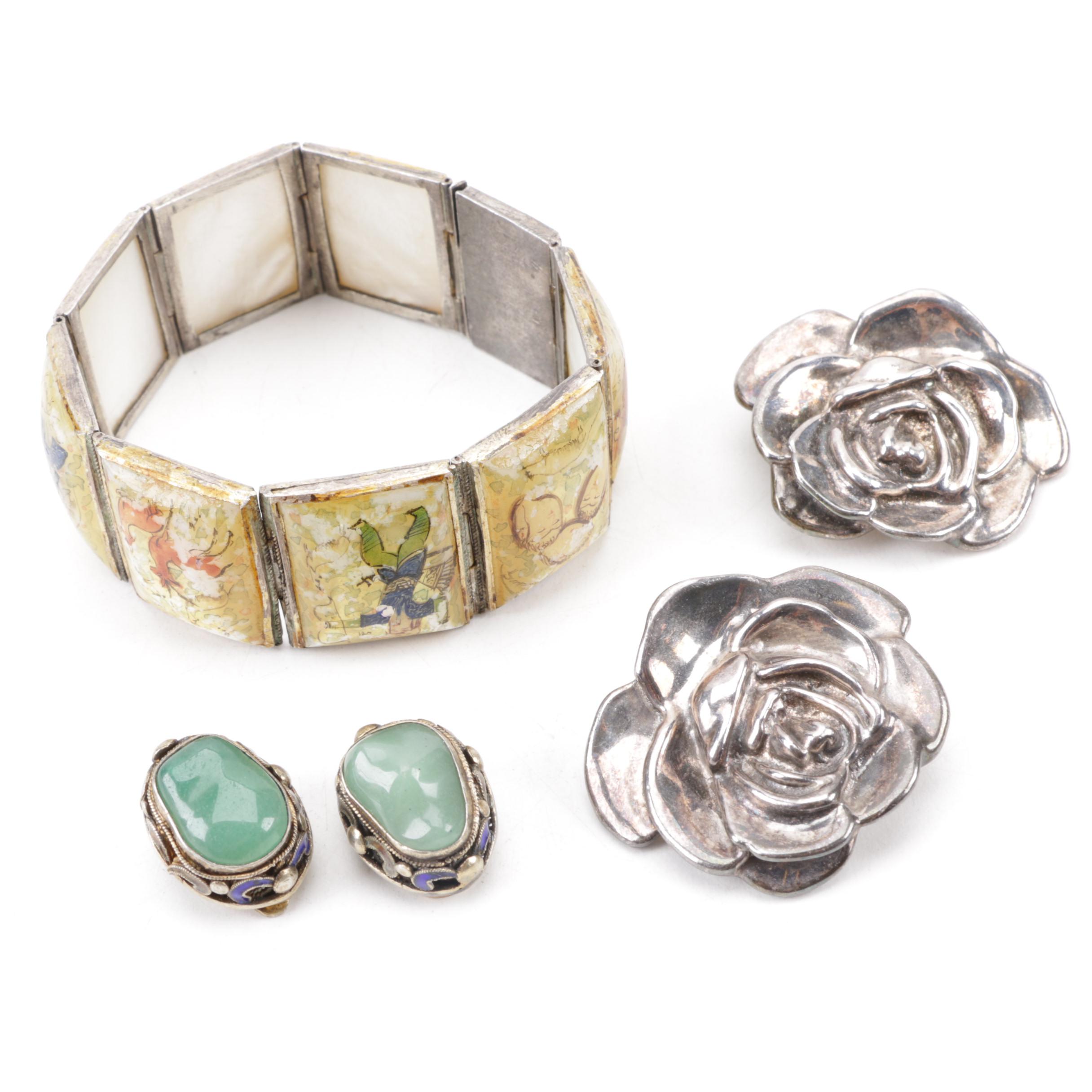 Sterling Silver Panel Bracelet and Earrings Featuring Aventurine