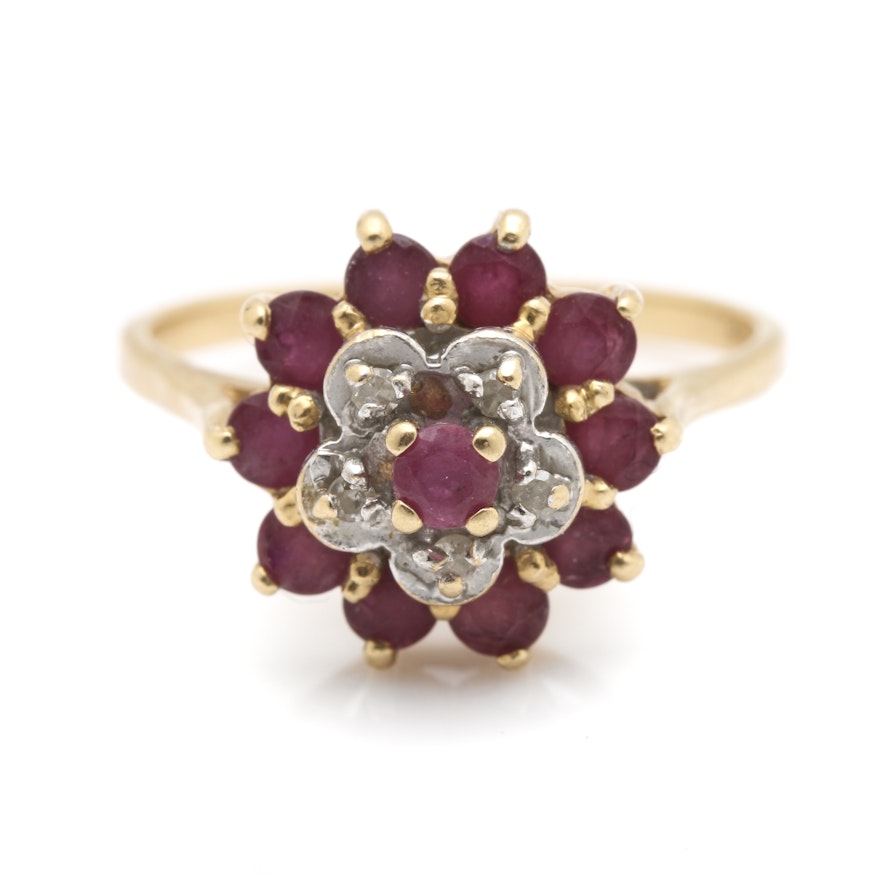 14K Yellow Gold Ruby and Diamond Cluster Ring