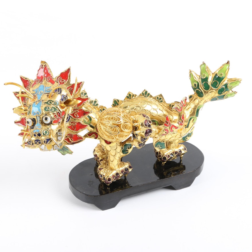 Chinese Inspired Gold Tone and Cloisonné "Dragon with Pearl" Sculpture on Base