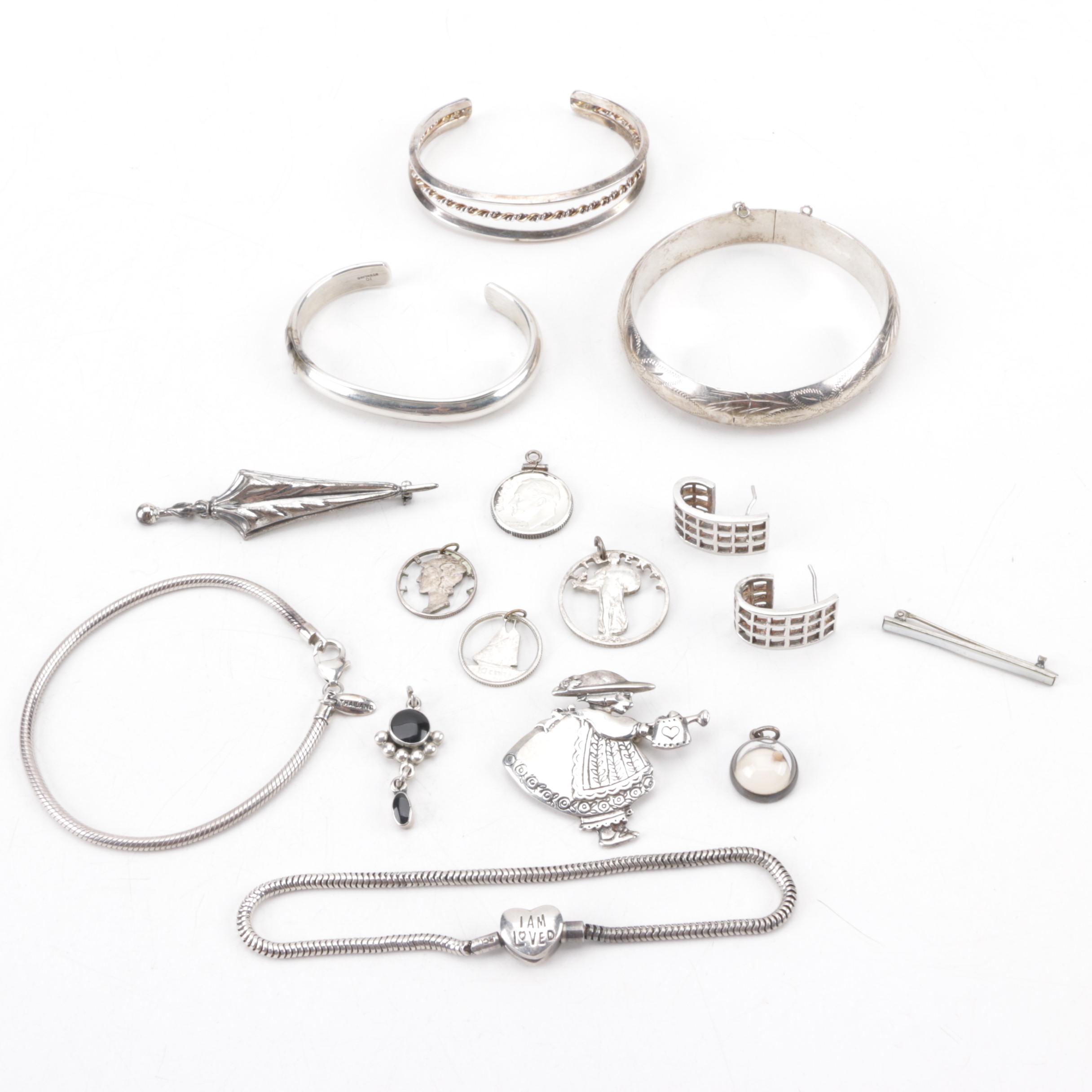 Assortment of Sterling Silver Jewelry Including Coin Pendants