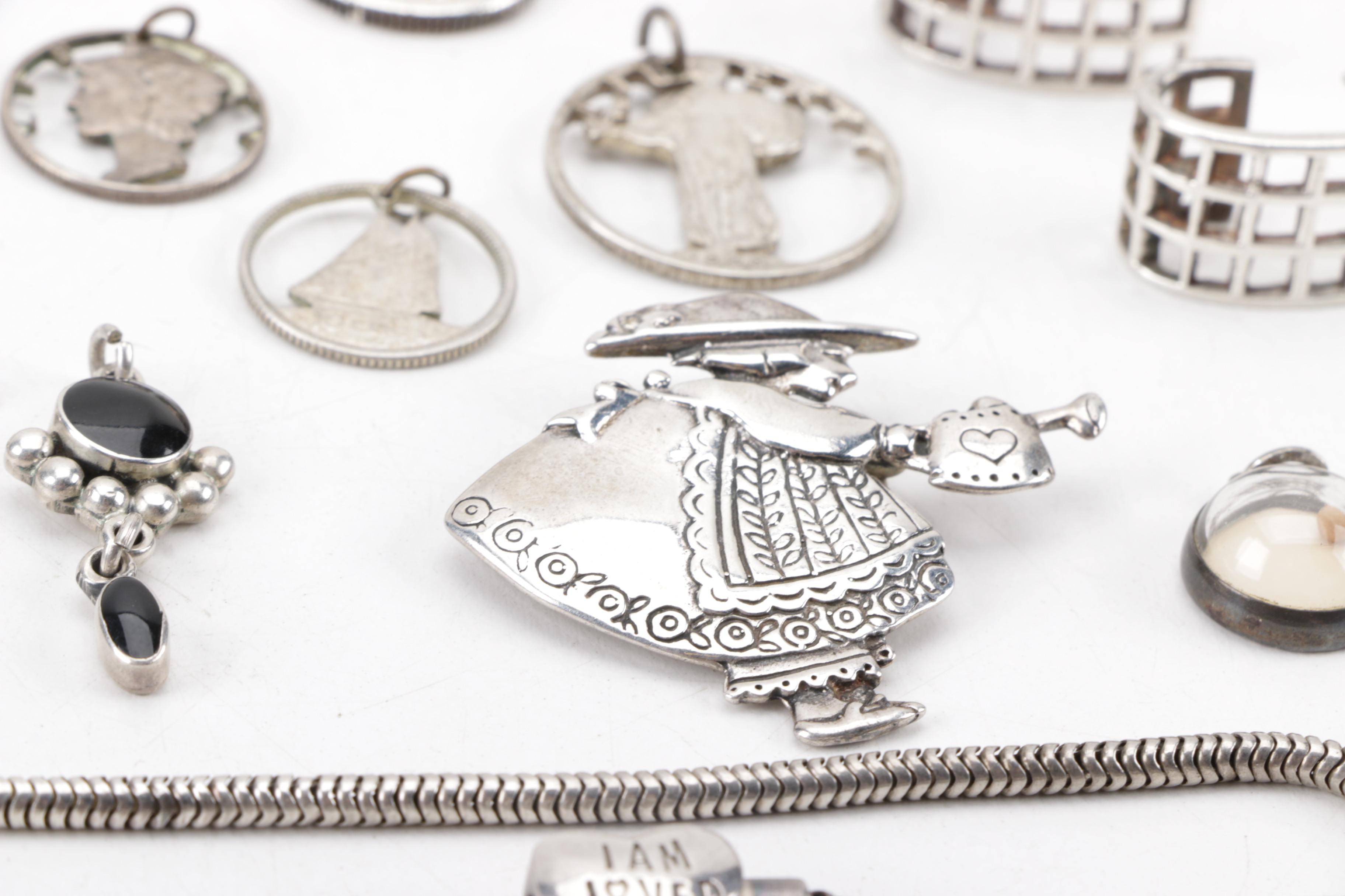 Assortment of Sterling Silver Jewelry Including Coin Pendants