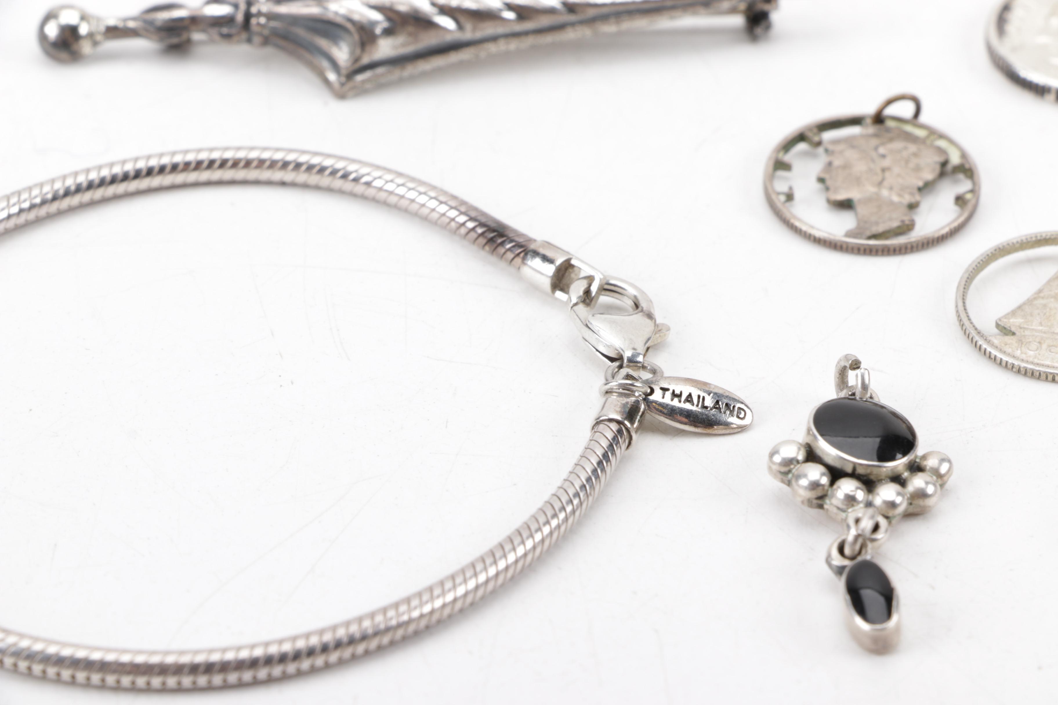 Assortment of Sterling Silver Jewelry Including Coin Pendants