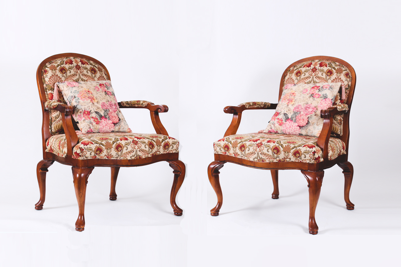 Pair of Queen Anne Style Upholstered Armchairs