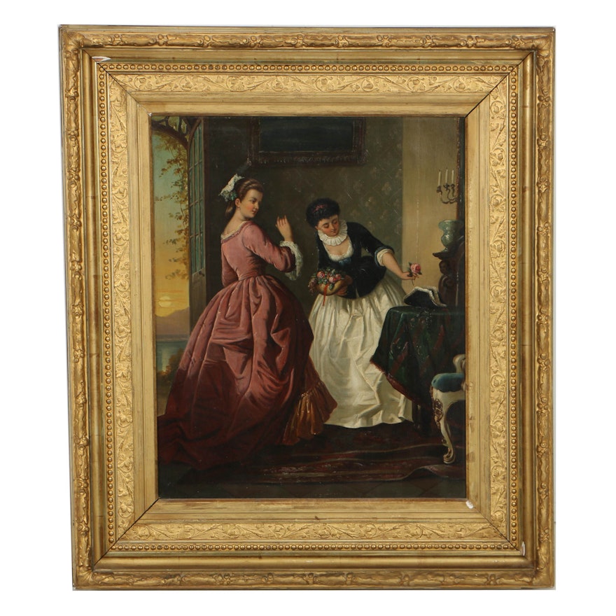 Early 20th-Century Oil Painting on Canvas Interior Genre Scene