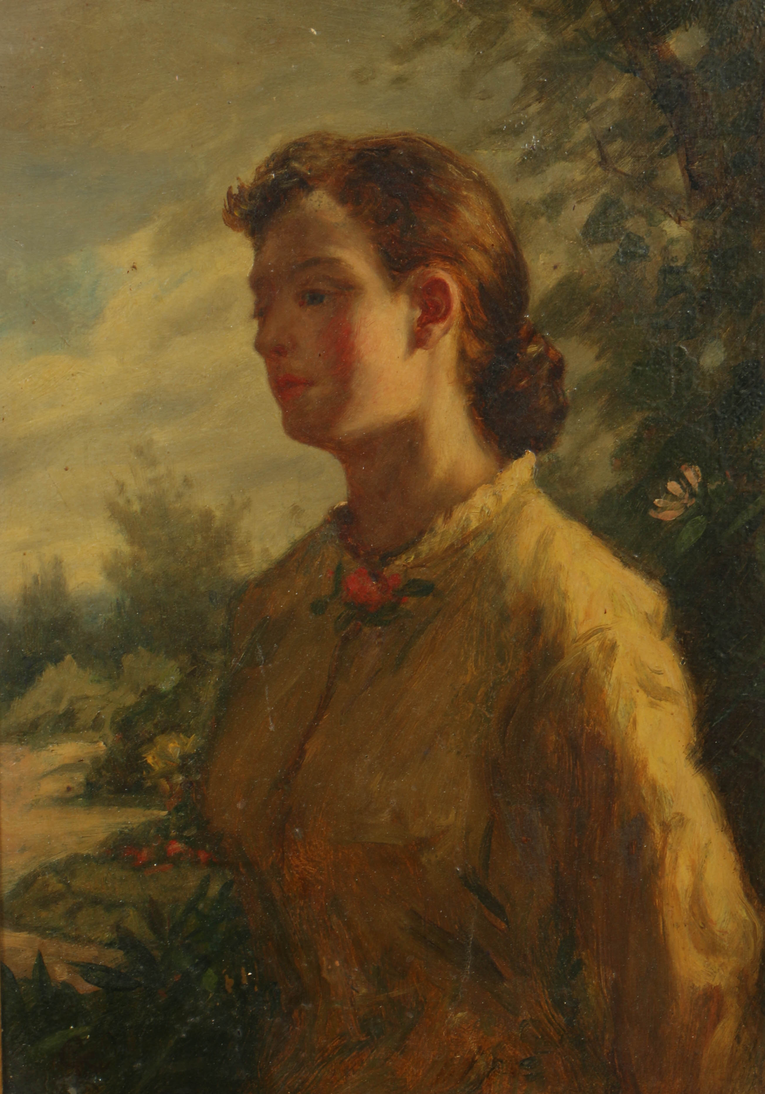 19th-Century Continental School Oil Portrait on Board of a Woman