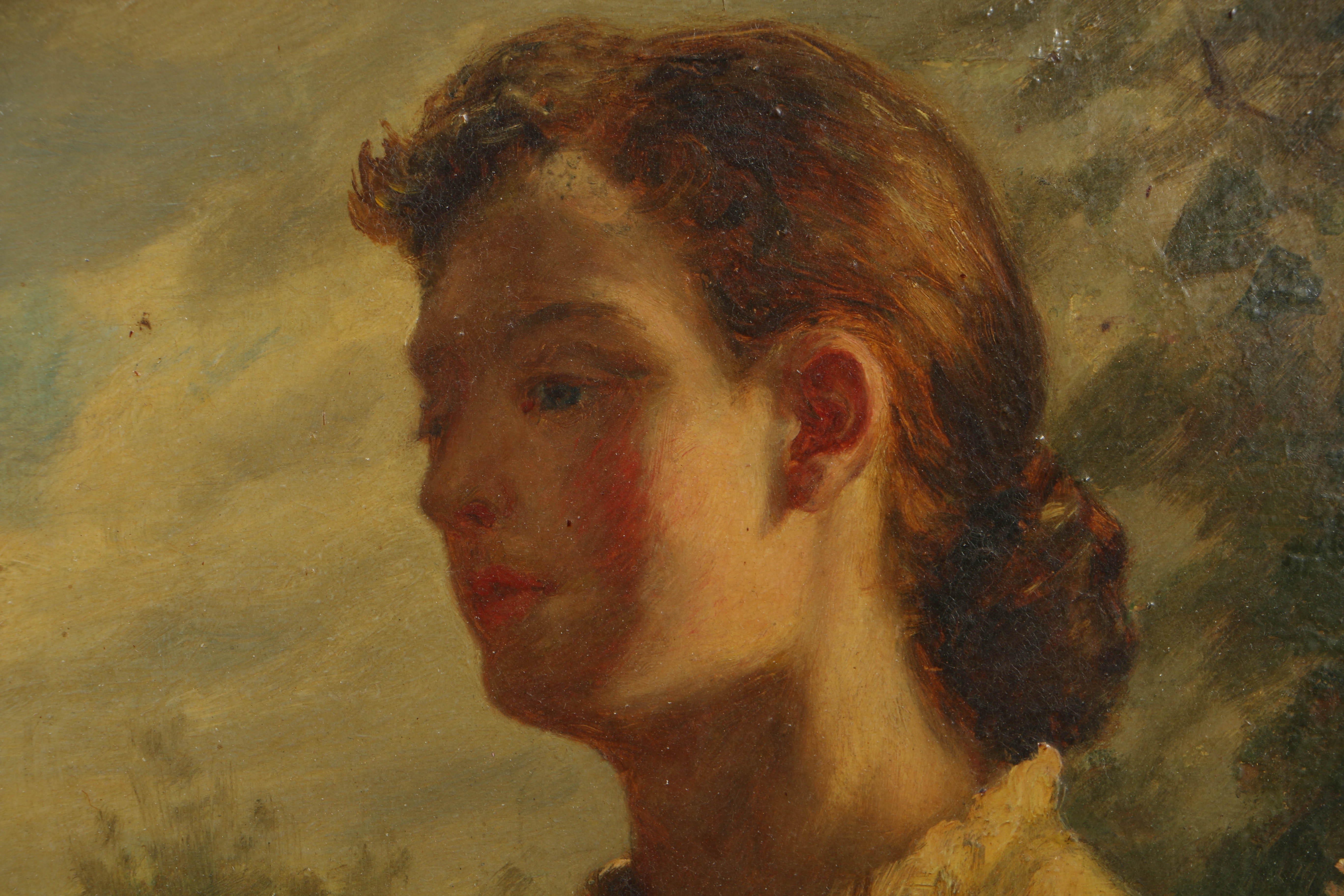 19th-Century Continental School Oil Portrait on Board of a Woman