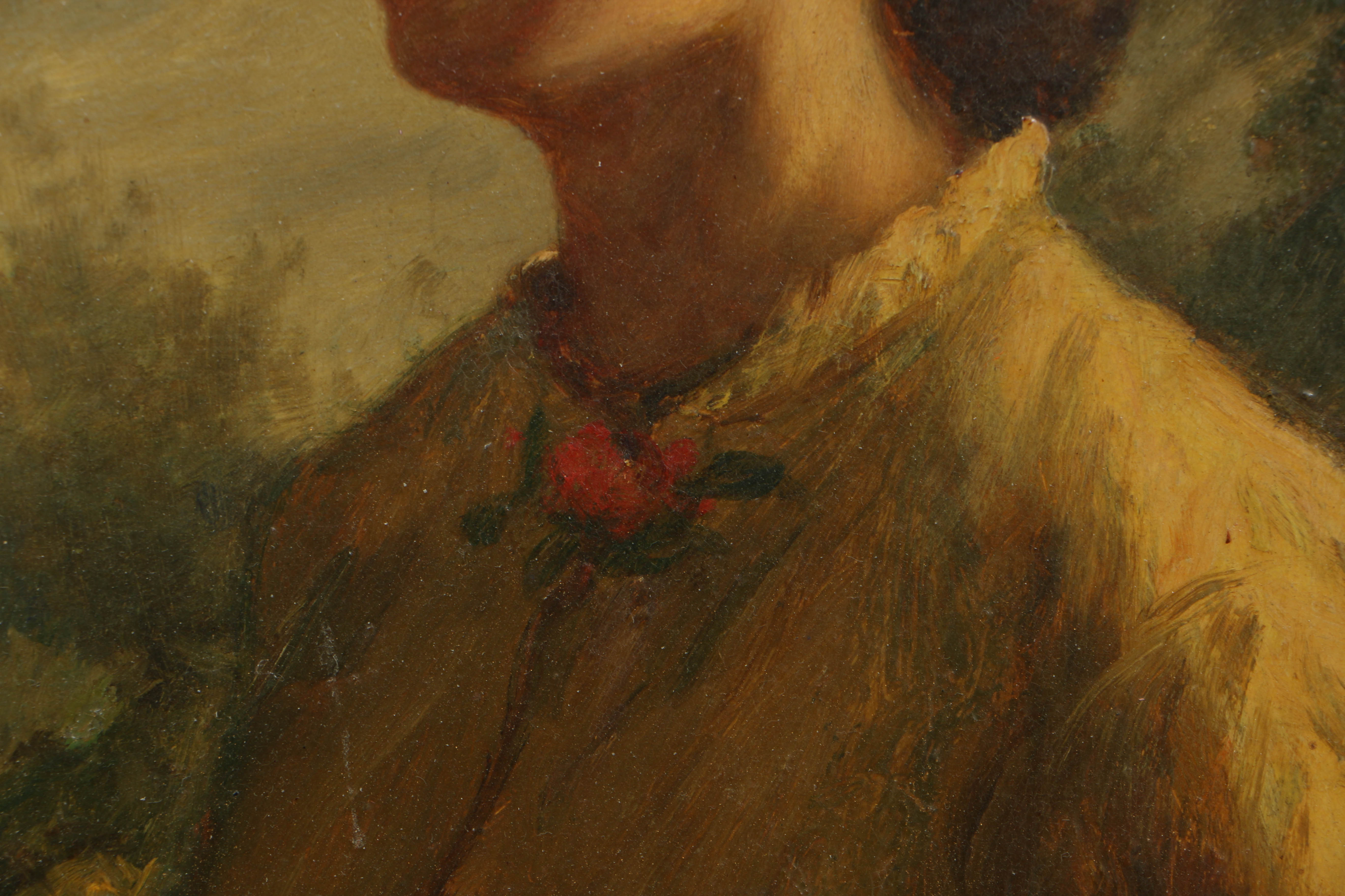 19th-Century Continental School Oil Portrait on Board of a Woman