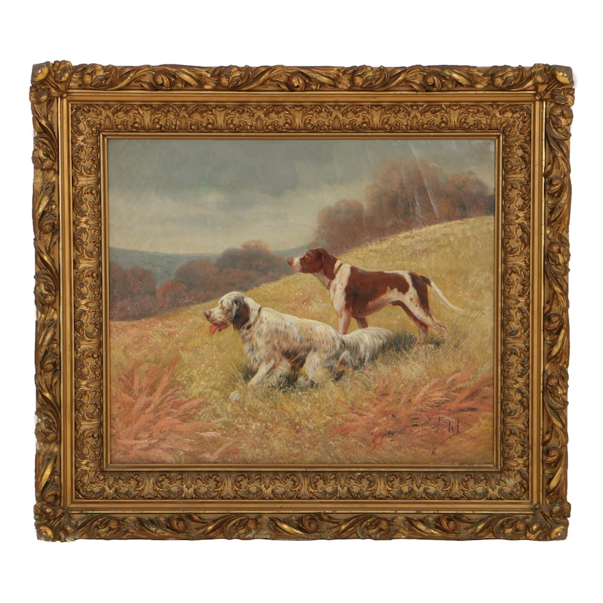 Eugène Petit Oil Painting on Canvas Landscape with Setters