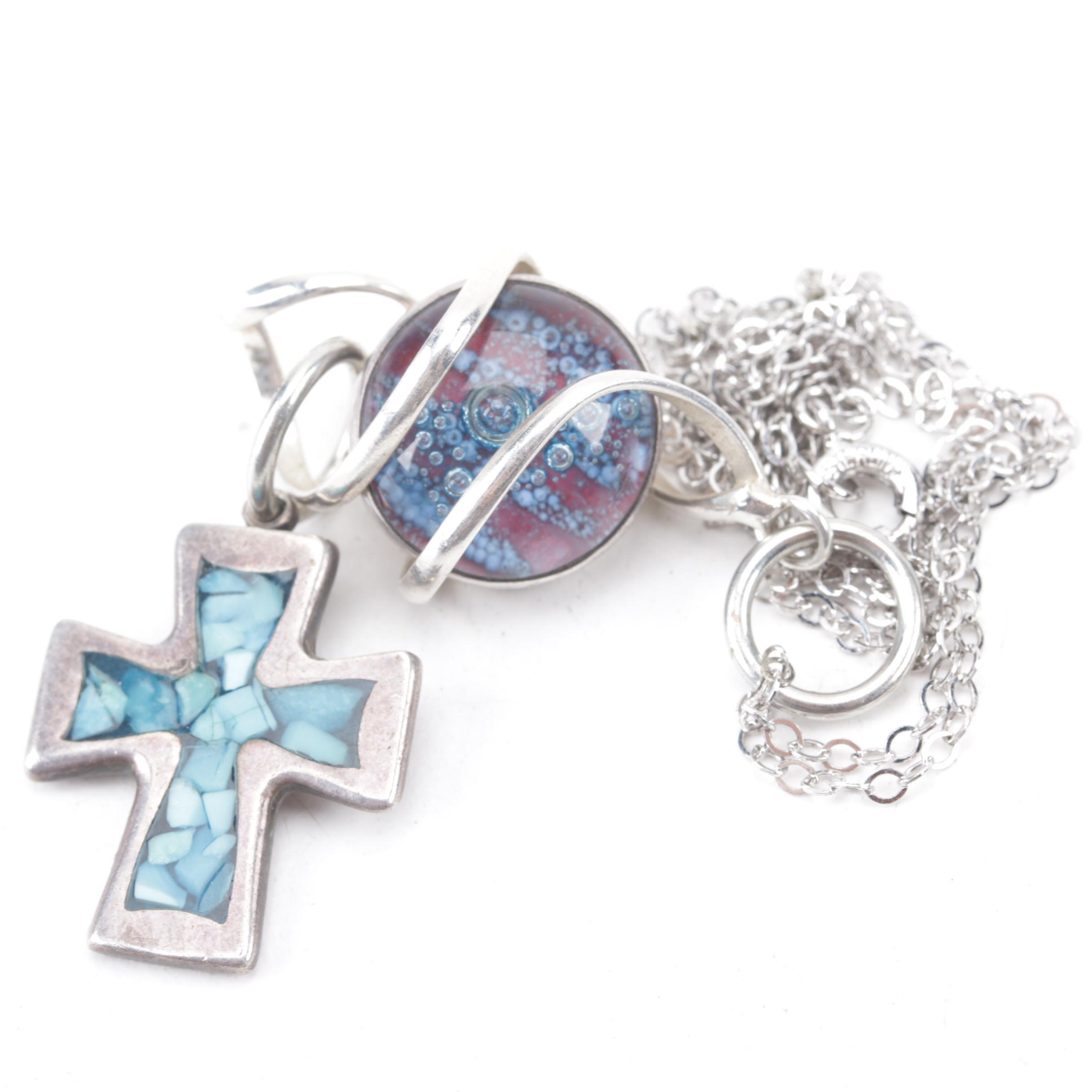 Kerri McDermott Sterling Silver Glass and Cross Charm Pendant Necklace