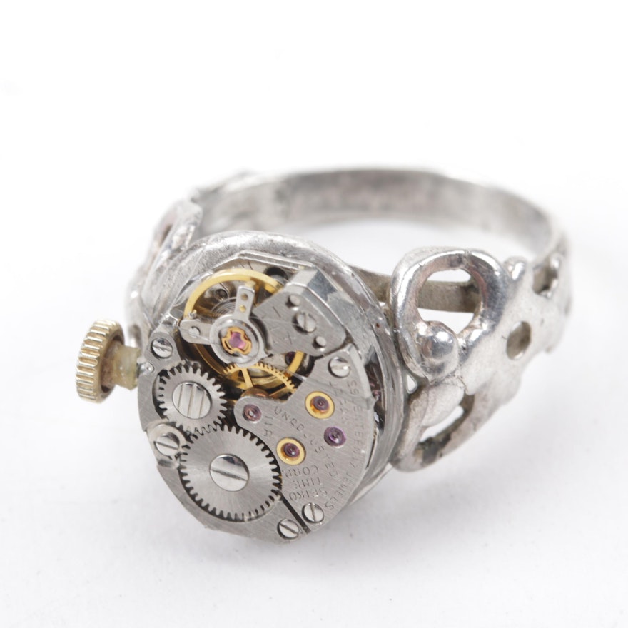 Handcrafted Sterling Silver Watch Movement Ring with Ruby Jewel
