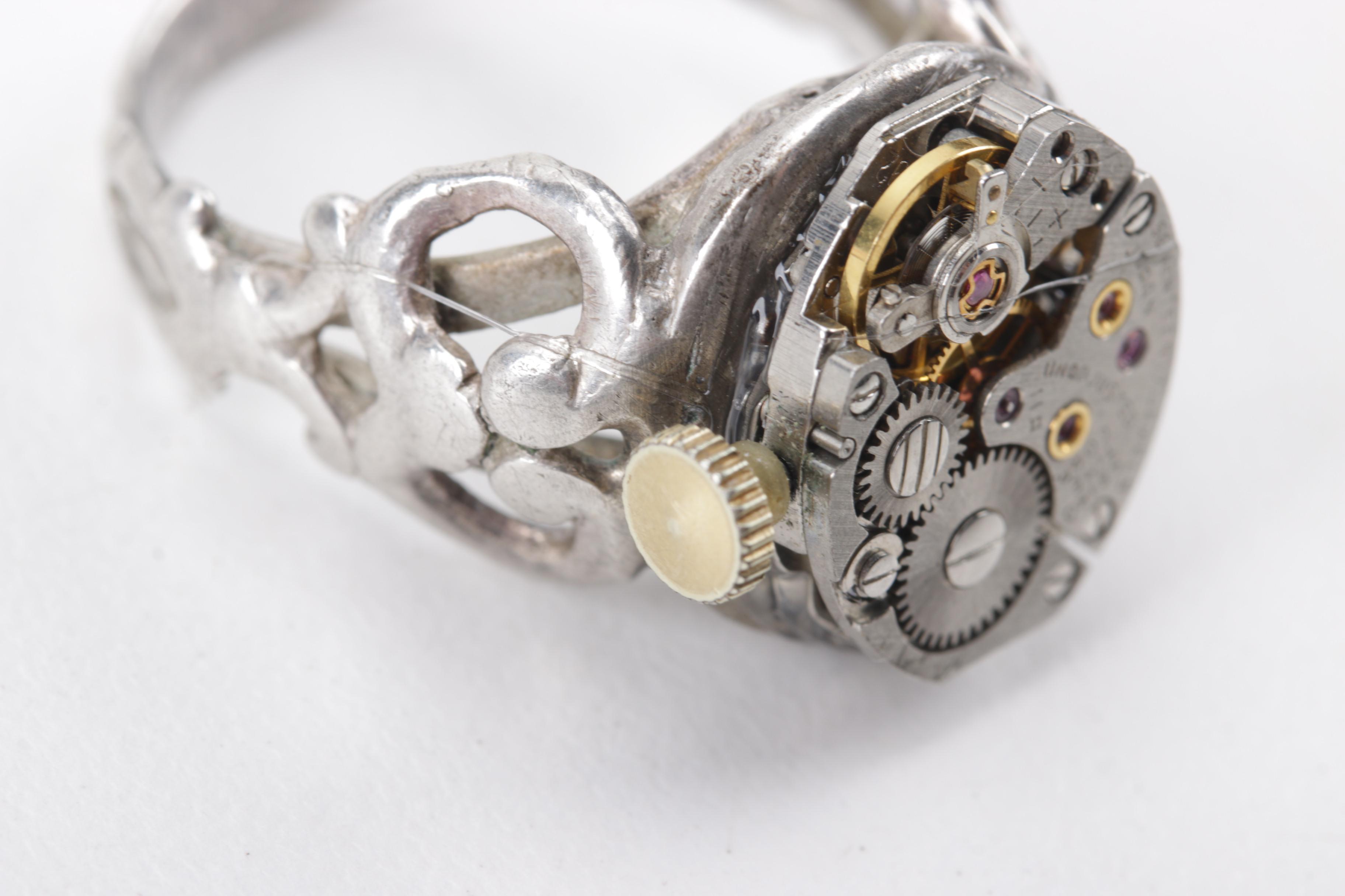 Handcrafted Sterling Silver Watch Movement Ring with Ruby Jewel