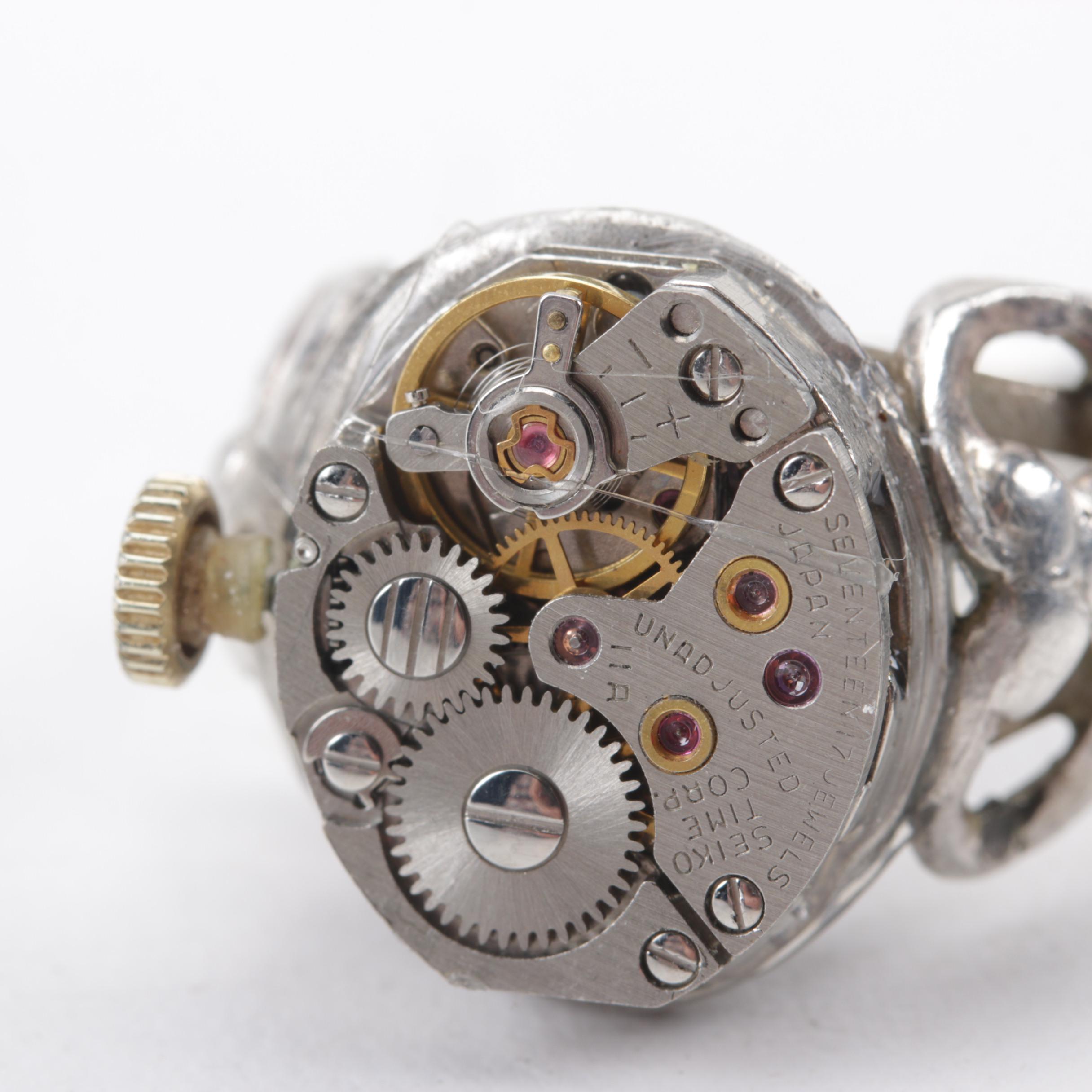 Handcrafted Sterling Silver Watch Movement Ring with Ruby Jewel