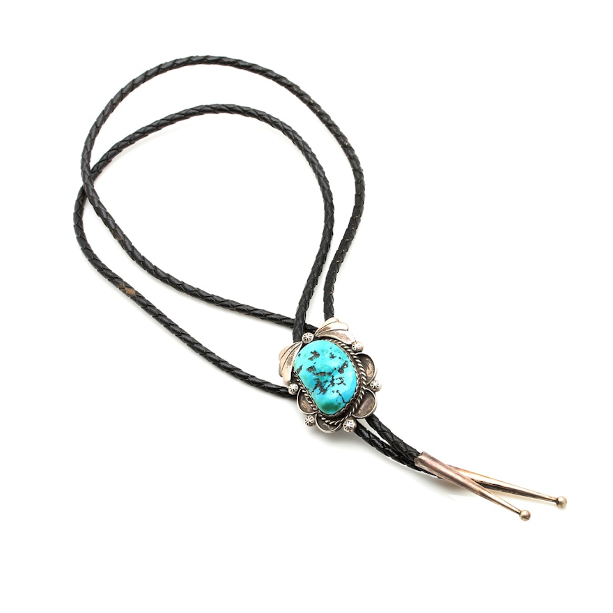 Signed Native American Style Sterling Silver and Turquoise Bolo Tie