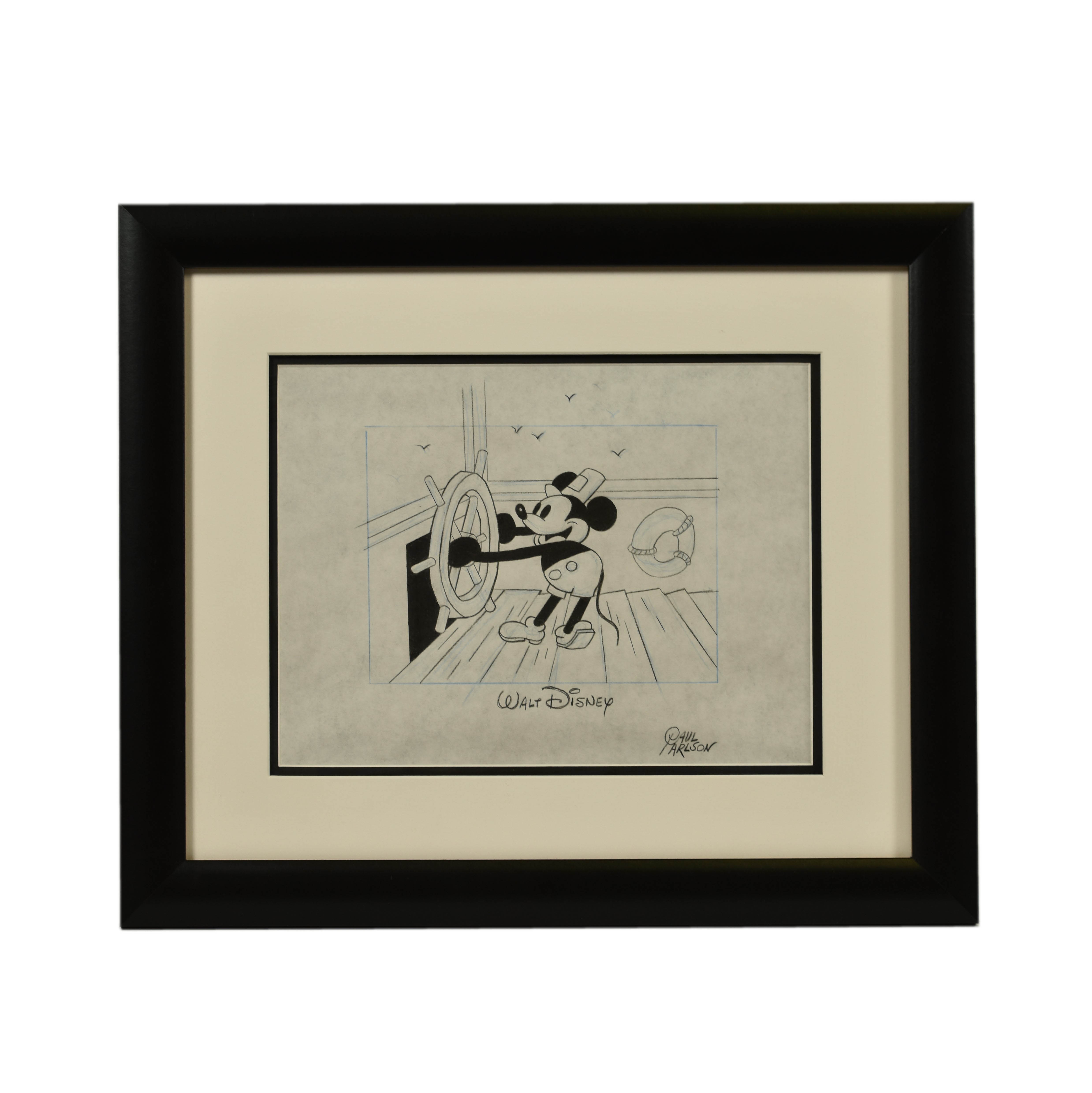 Walt Disney Framed Sketch - Steamboat Willie - Signed by Paul Carlson