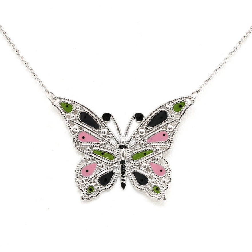 14K White Gold Enamel Butterfly Pendant Necklace