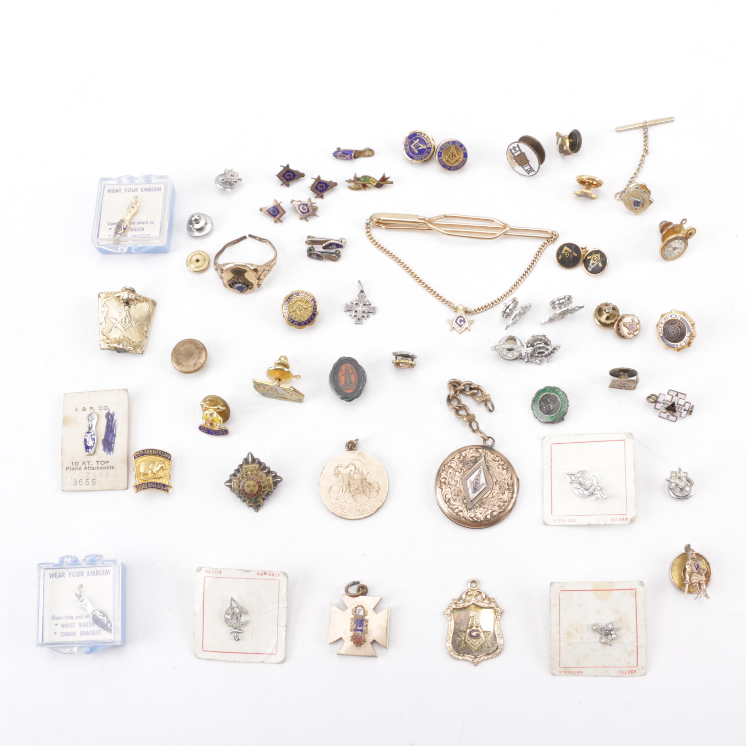 Vintage Fraternal Organization Pins and Other Jewelry Including Freemasons