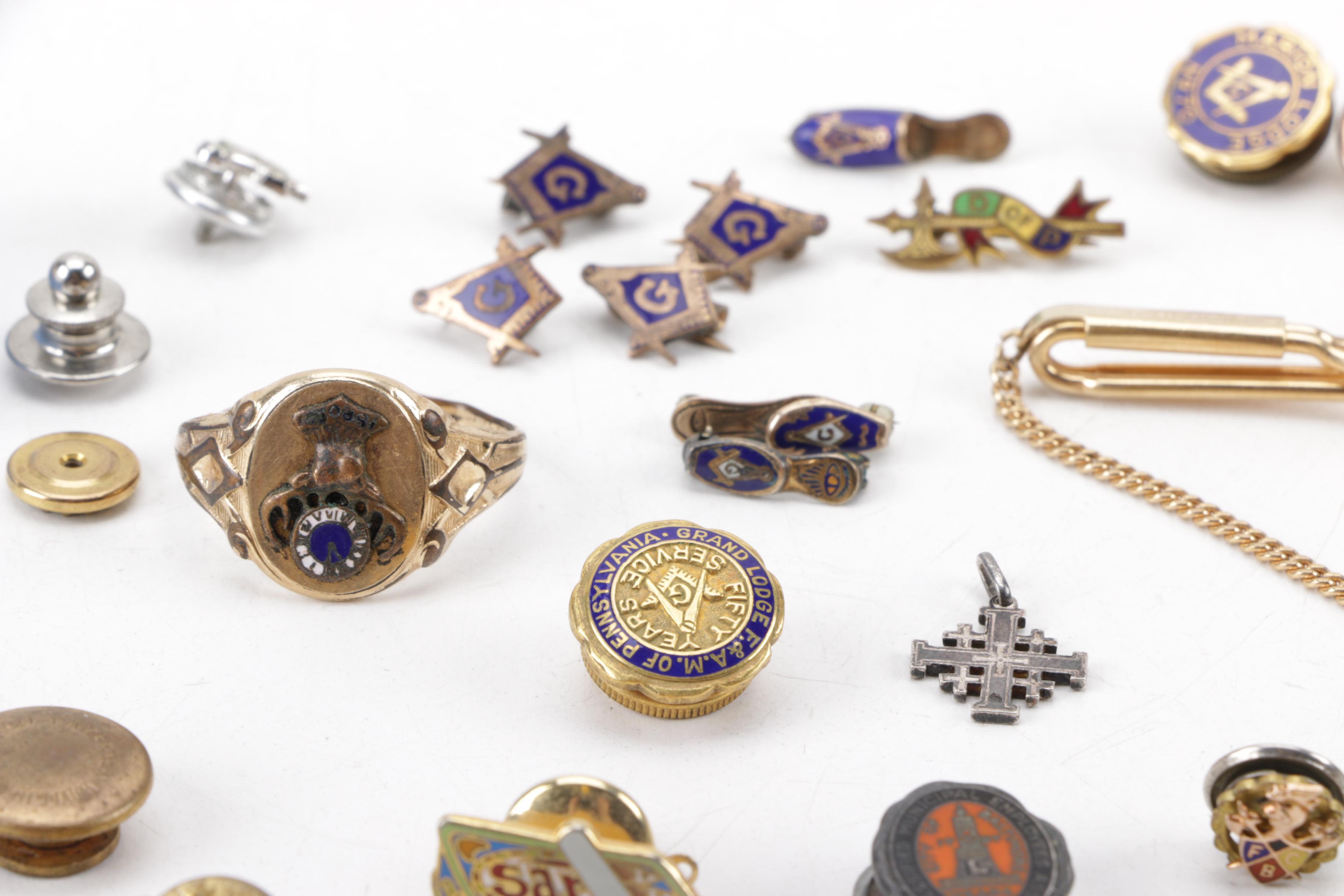 Vintage Fraternal Organization Pins and Other Jewelry Including Freemasons