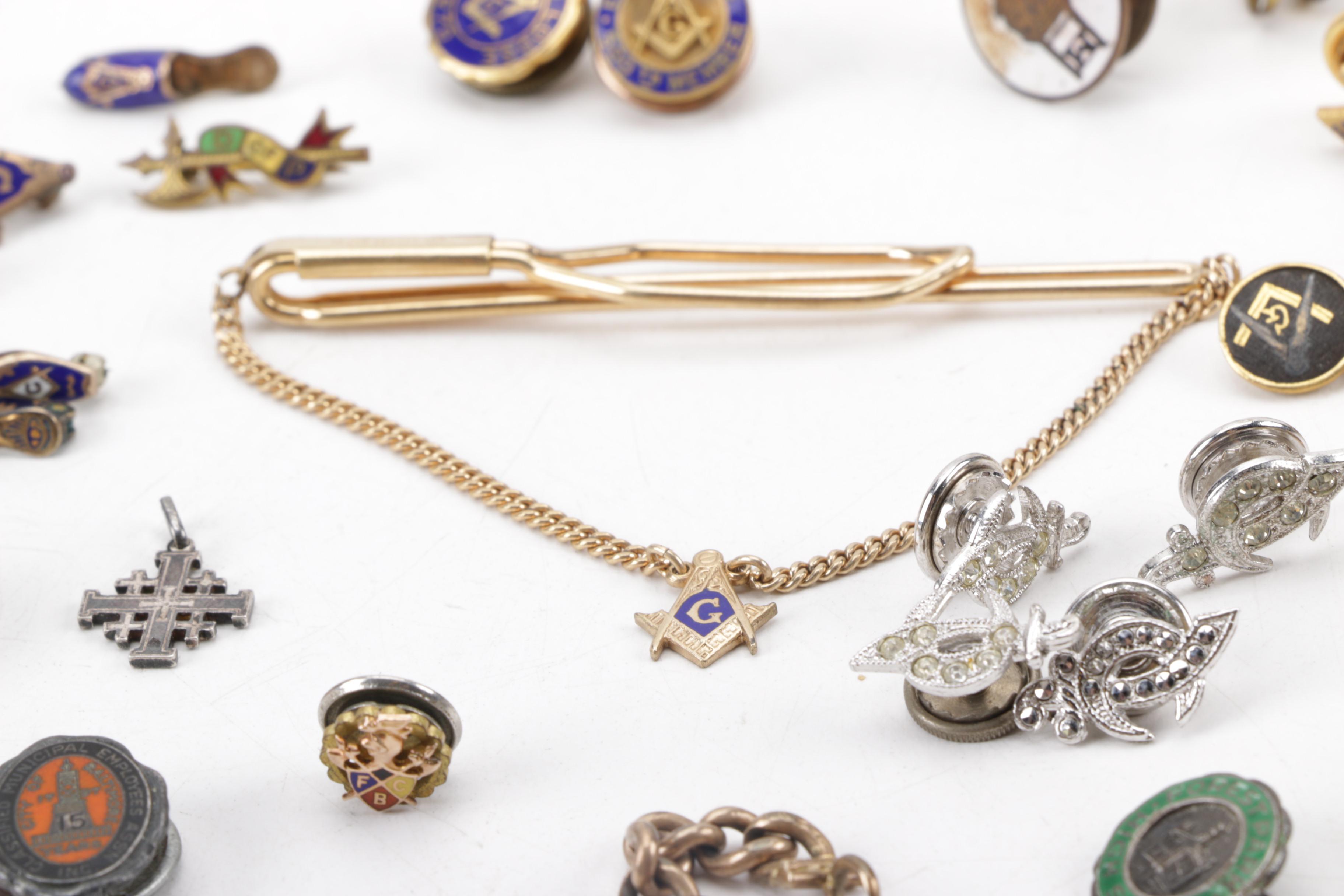 Vintage Fraternal Organization Pins and Other Jewelry Including Freemasons