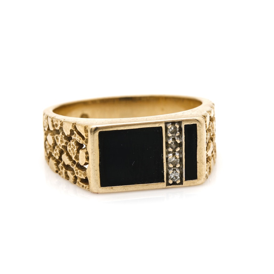 14K Yellow Gold Onyx and Diamond Ring