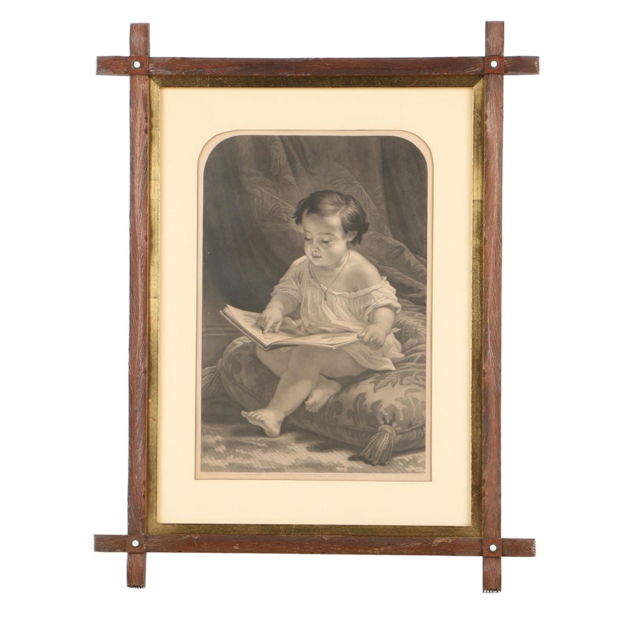 Engraving on Paper After Holfeld Portrait of Child Reading