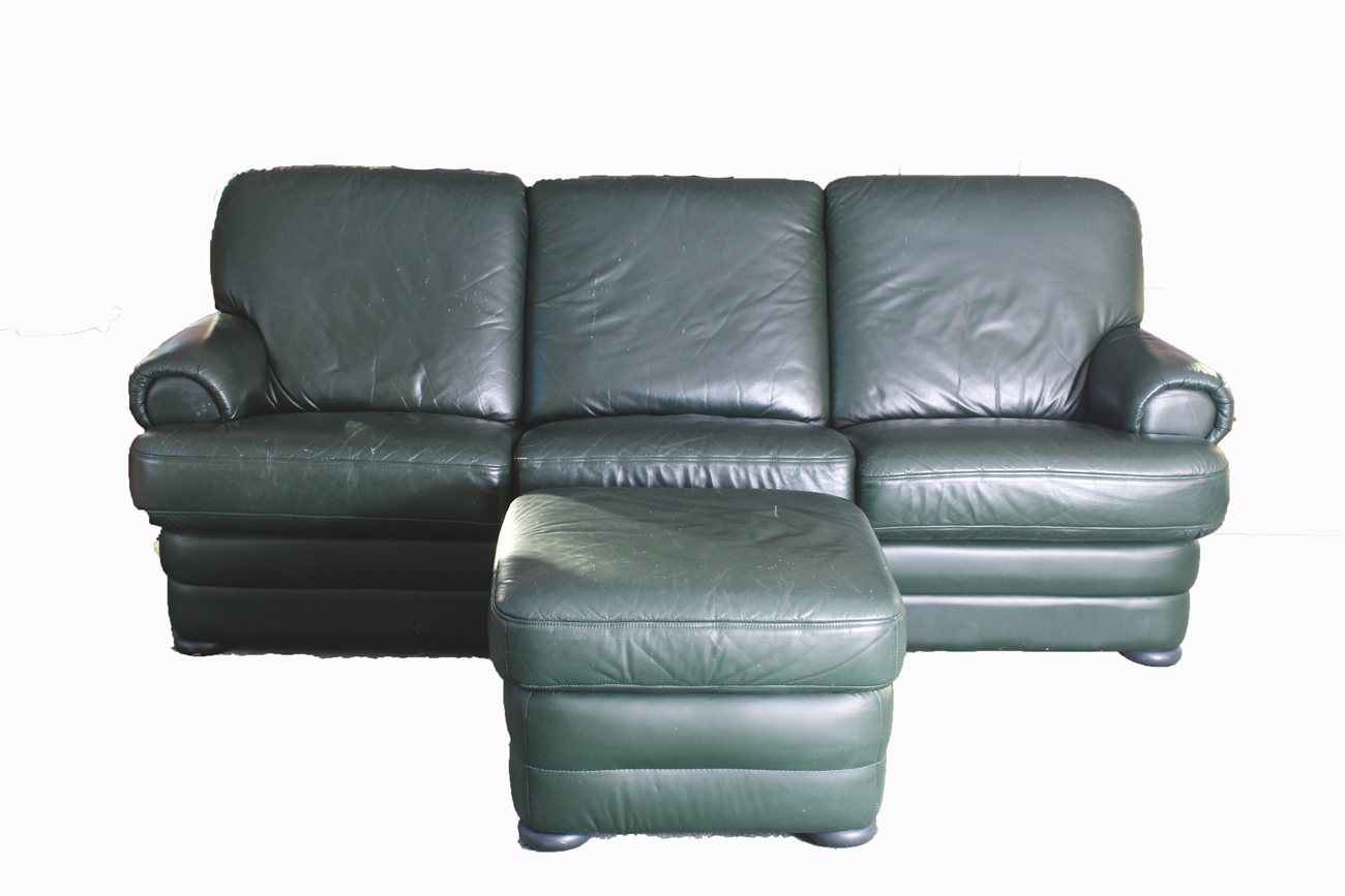 Green Leather Sofa and Ottoman