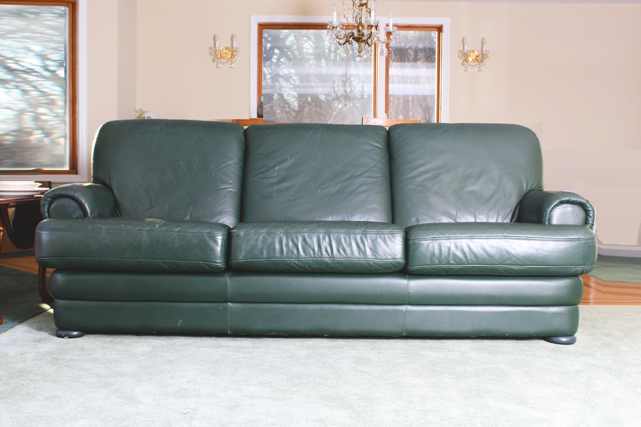 Green Leather Sofa and Ottoman