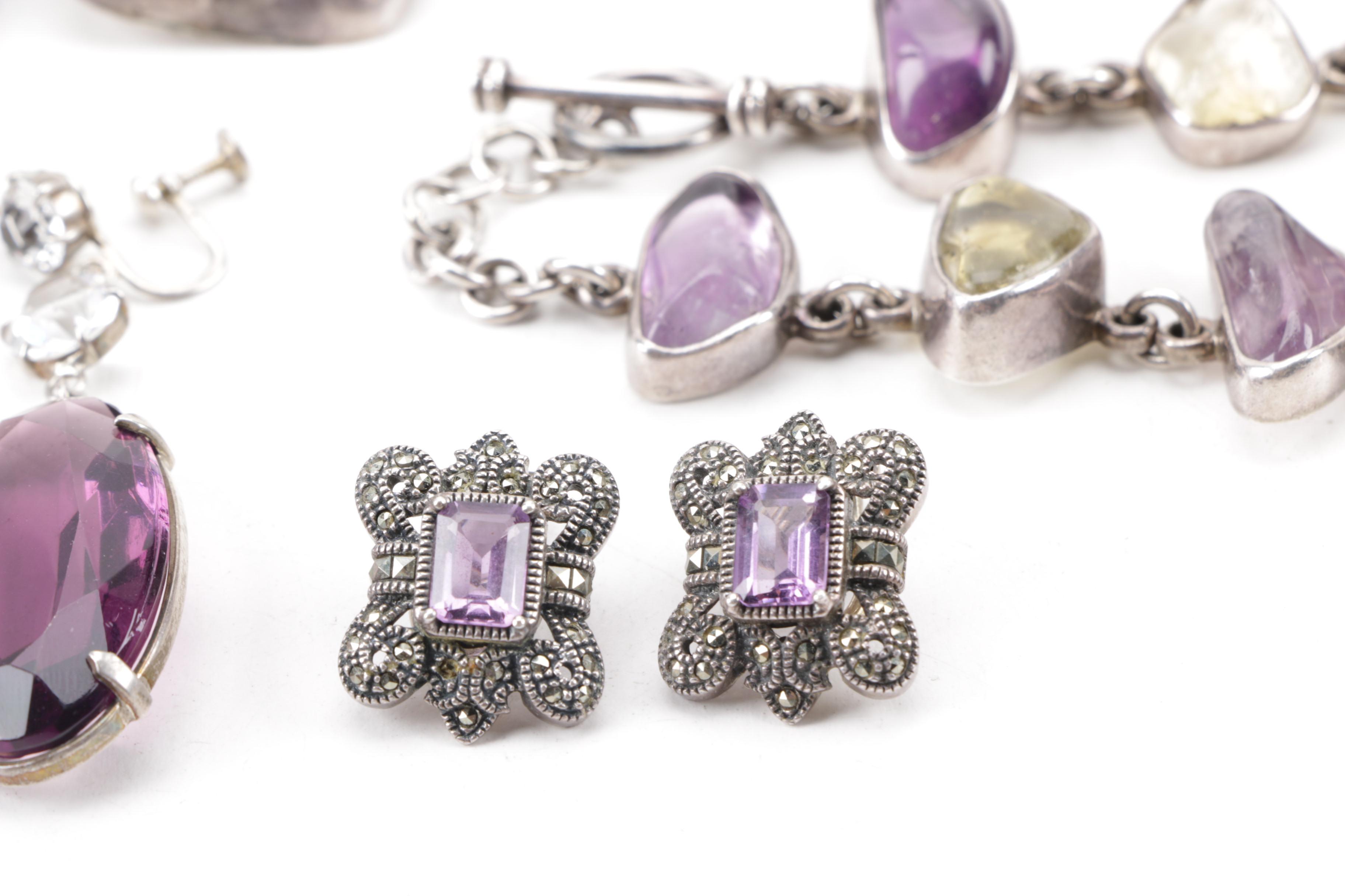 Collection of Sterling Silver Jewelry Including Amethyst and Judith Jack
