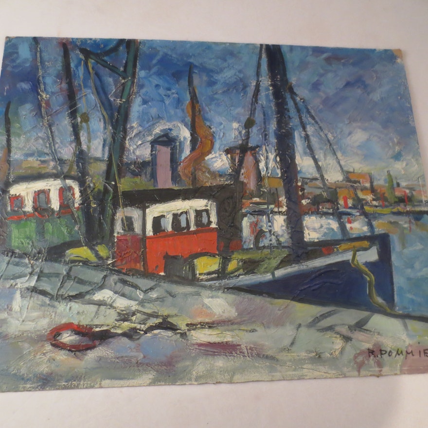 50's Signed French Harbor Scene by R. Pommier