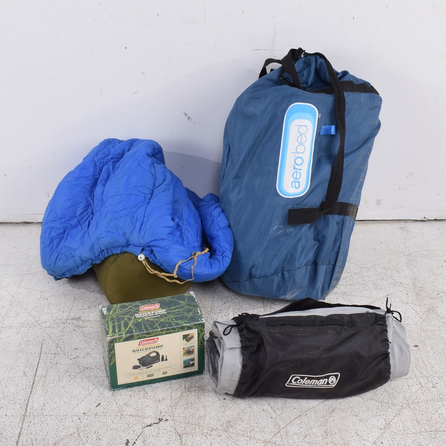 Aerobed Sleeping Bag and Coleman Air Mattress and Pump