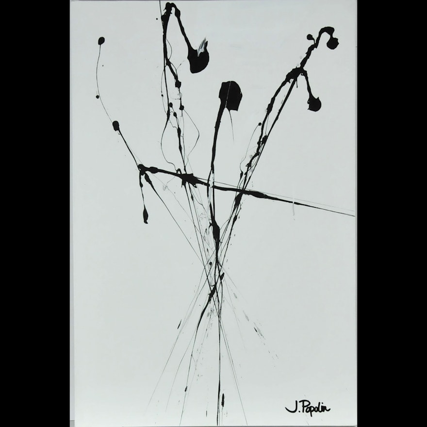 J. Popolin Original Acrylic on Canvas "White with Black Drips"
