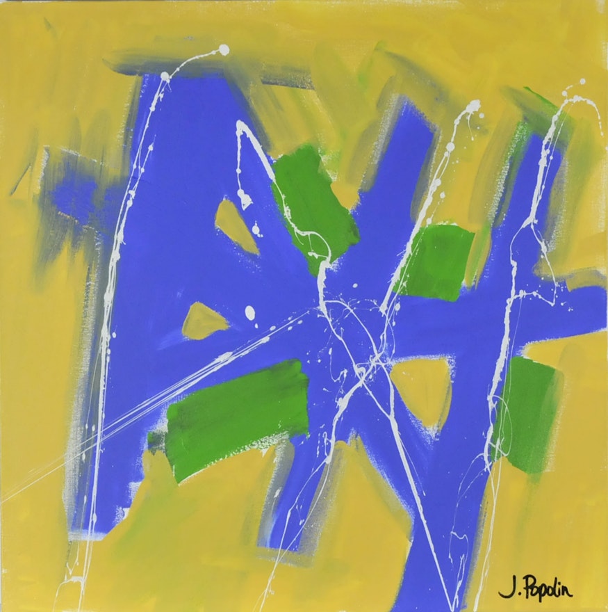 J. Popolin Original Acrylic on Canvas "Yellow with Cobalt and Chartreuse"