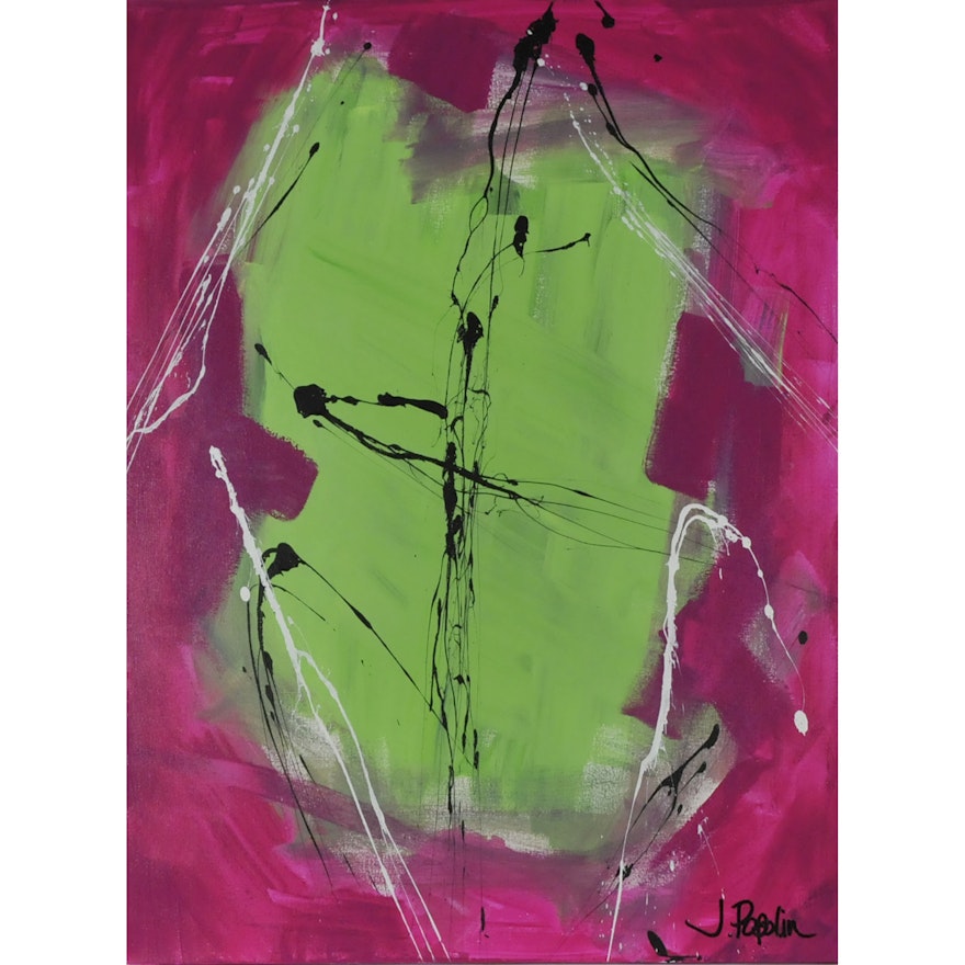 J. Popolin Original Acrylic on Canvas "Pink with Green, Black & White"